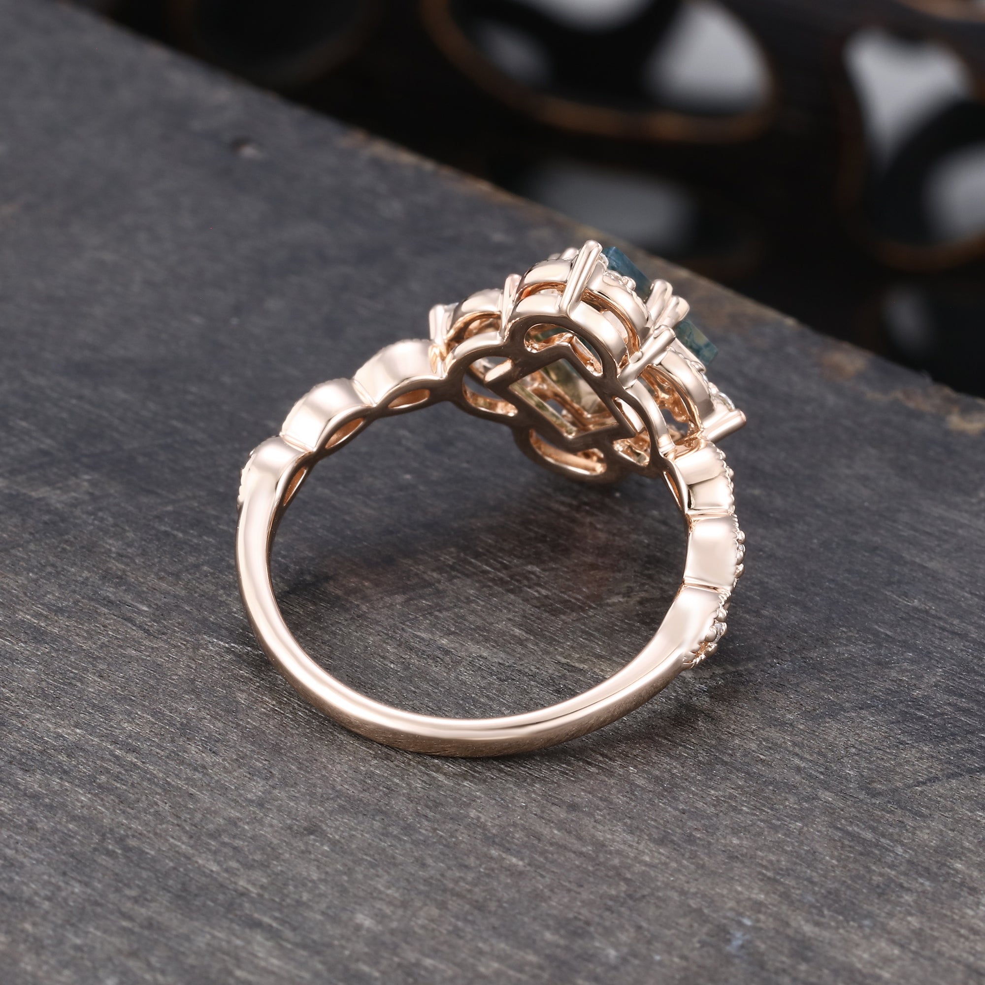 Princess Cut Moss Agate Engagement Ring Milgrain Lace Halo Promise Ring