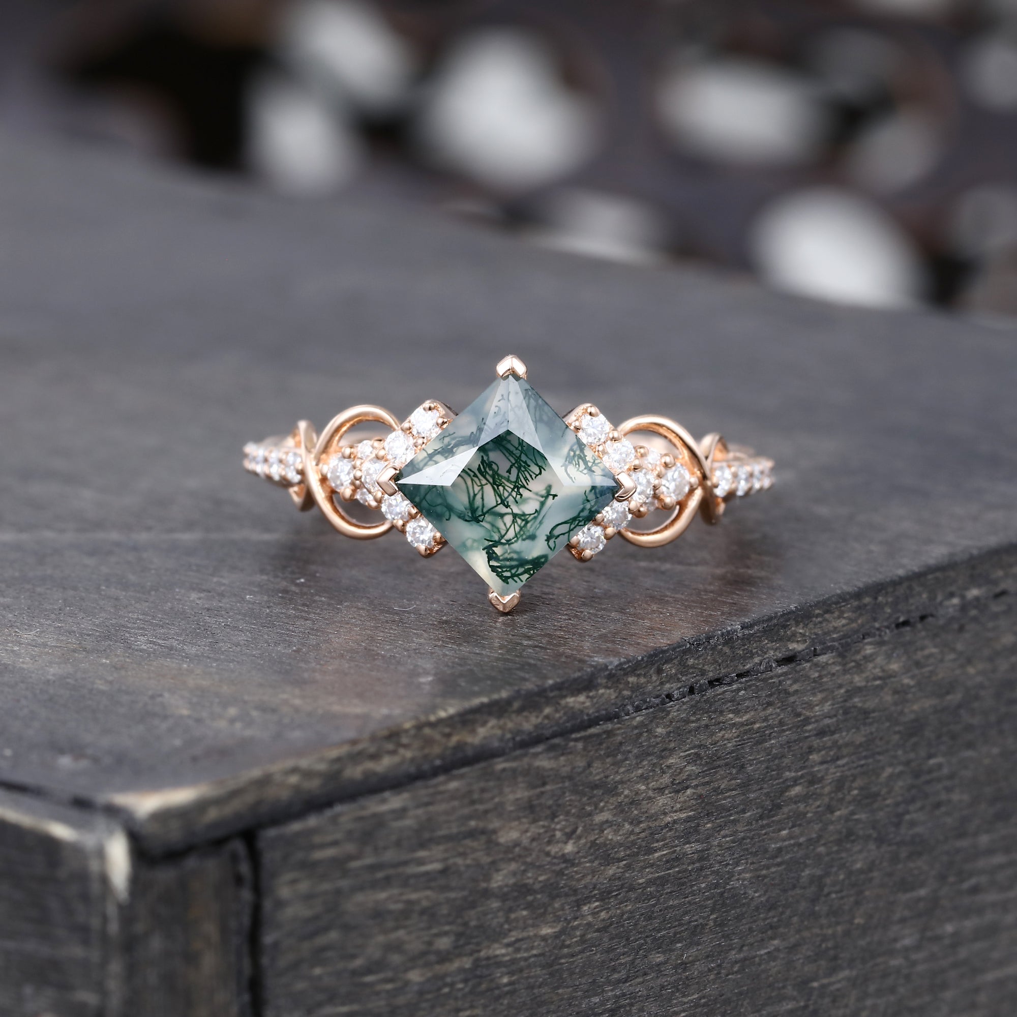 Princess Cut Moss Agate Infinity Pavé Engagement Ring