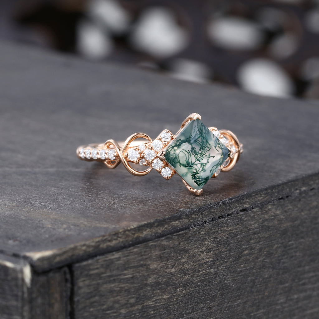 Princess Cut Moss Agate Infinity Pavé Engagement Ring