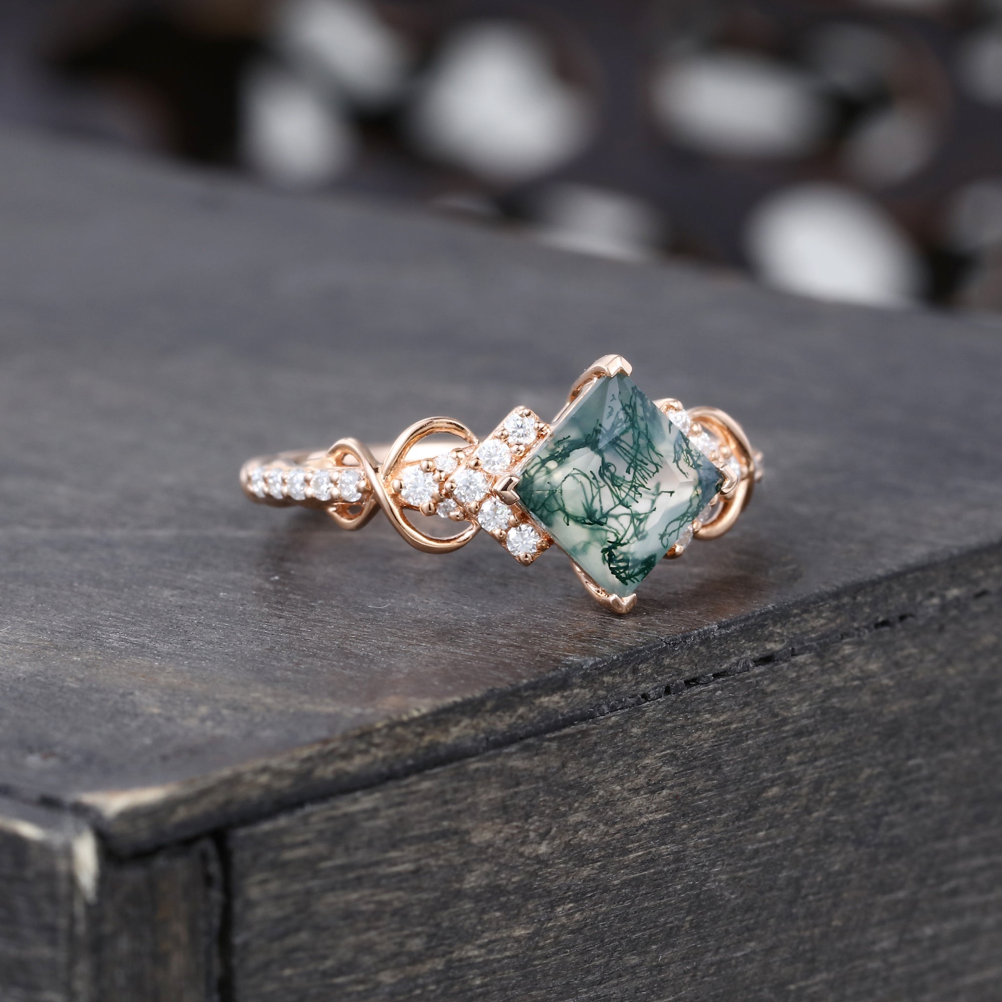 Princess Cut Moss Agate Infinity Pavé Engagement Ring
