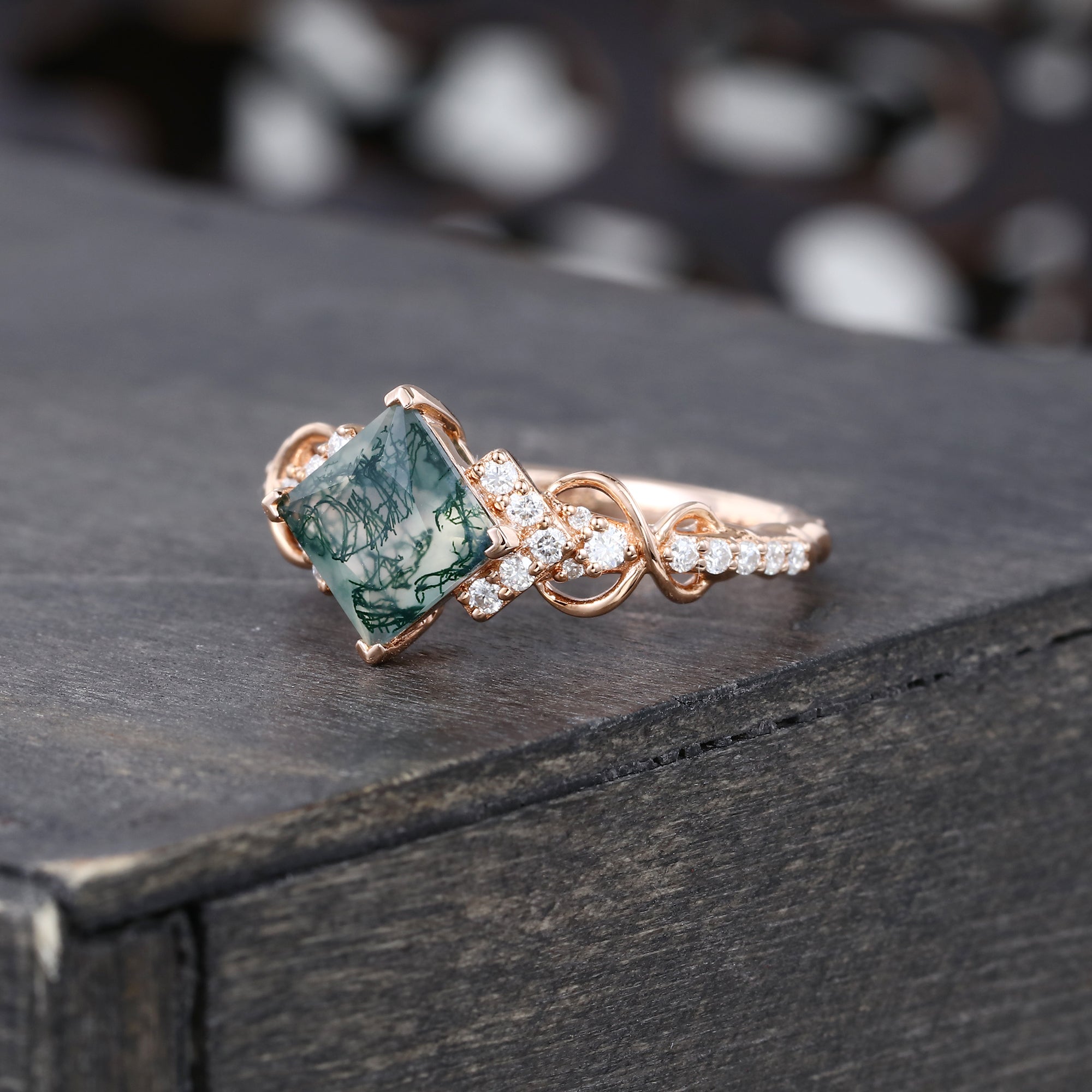 Princess Cut Moss Agate Infinity Pavé Engagement Ring