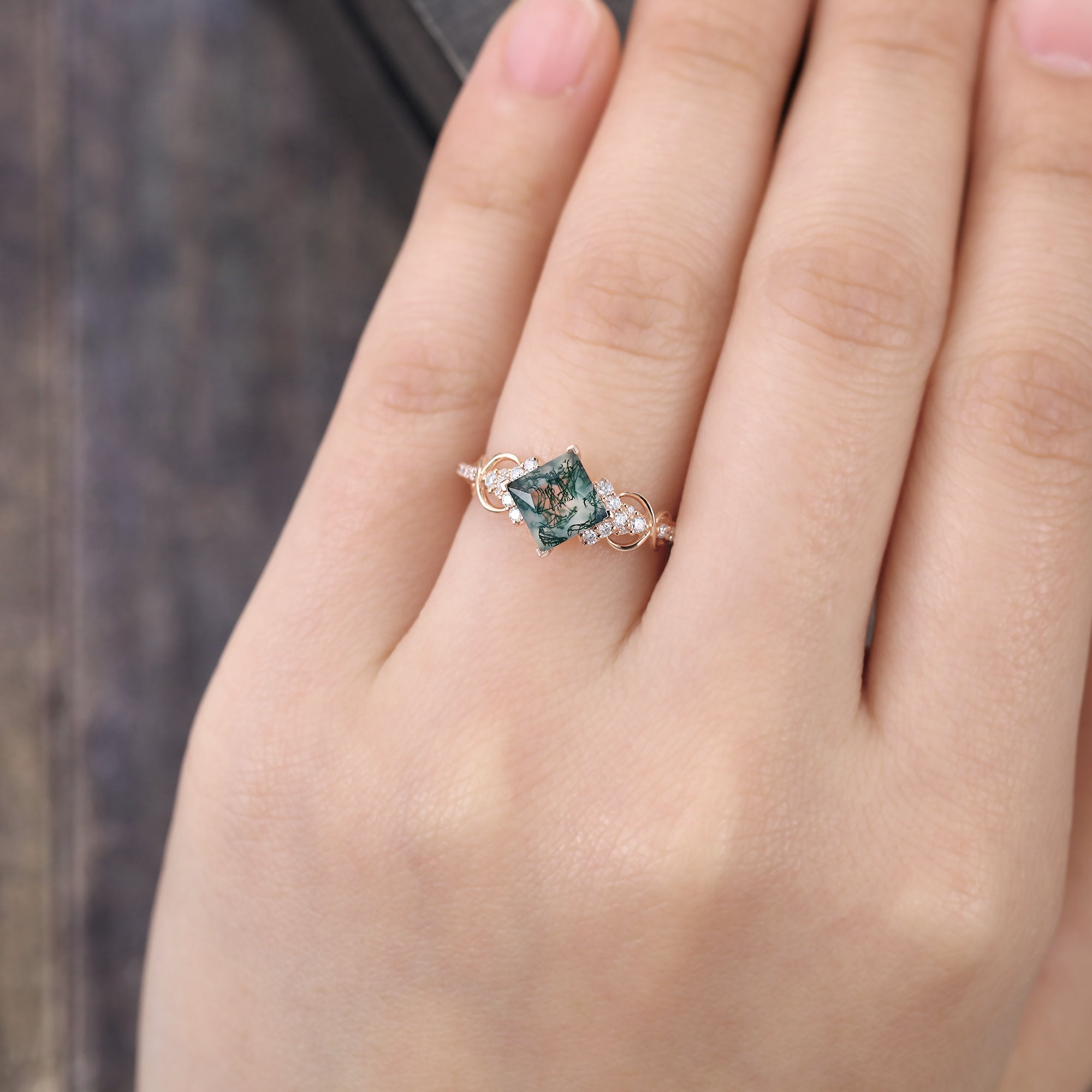 Princess Cut Moss Agate Infinity Pavé Engagement Ring