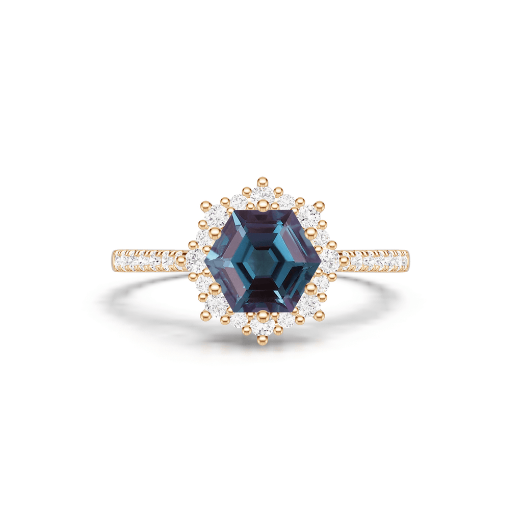 Hexagon Alexandrite Halo Engagement Ring Pavé Bridal Ring