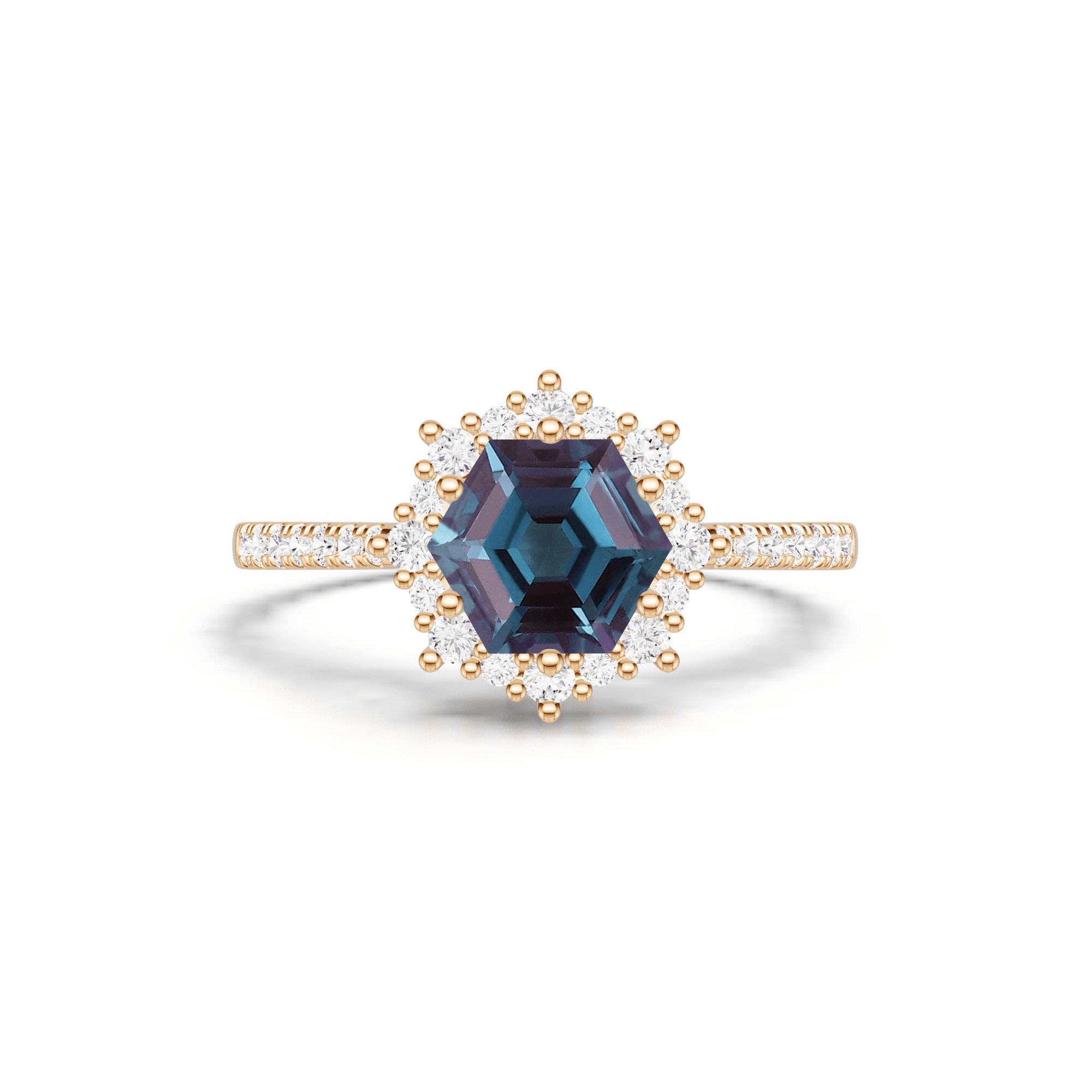 Hexagon Alexandrite Halo Engagement Ring Pavé Bridal Ring