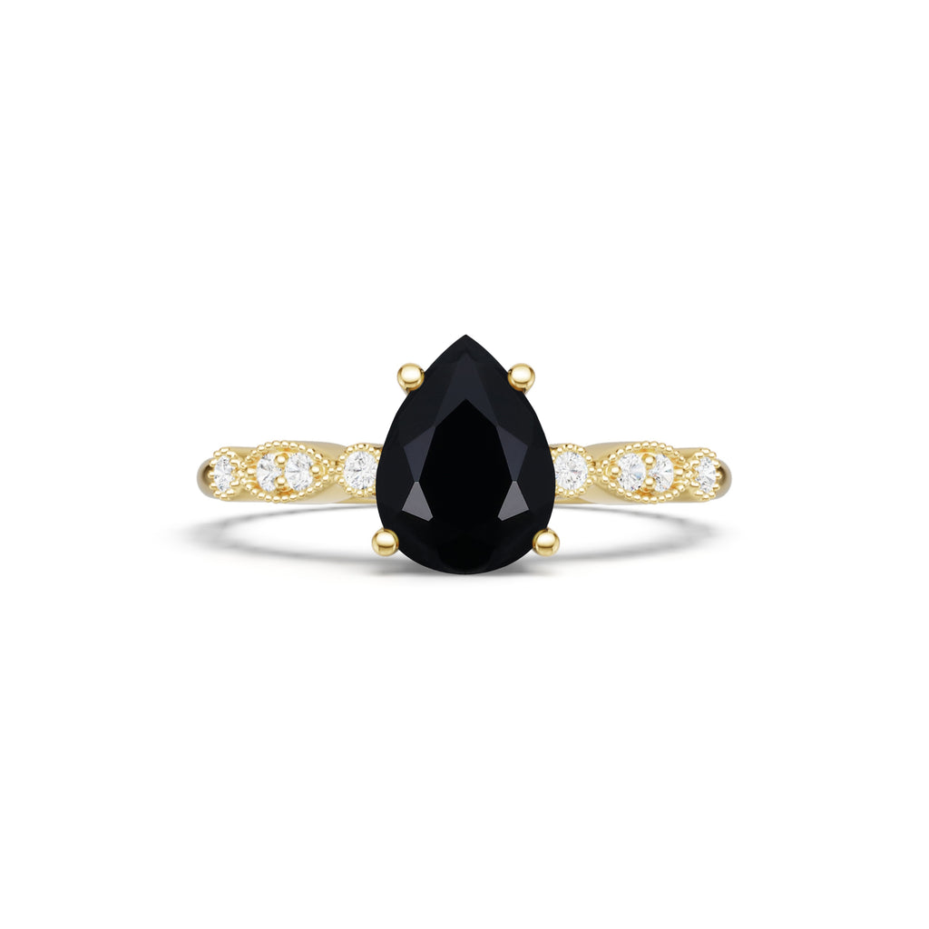 Pear Cut Black Onyx Engagement Ring Milgrain Detailing Promise Ring