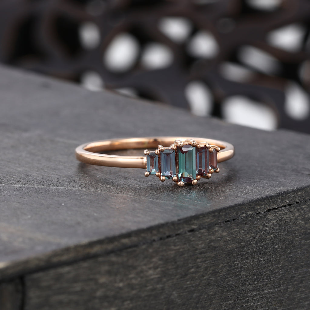 Rose Gold Baguette Cut Alexandrite Wedding Band