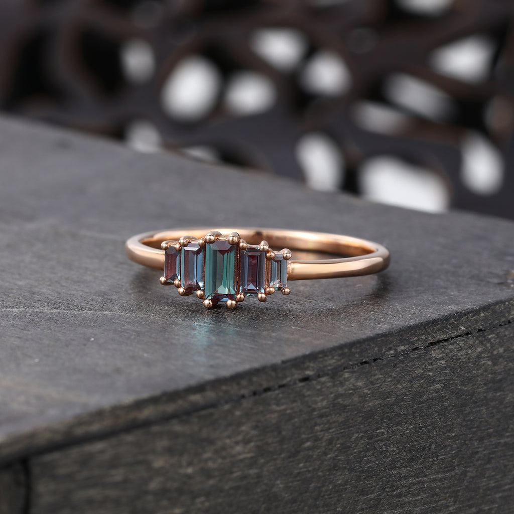 Rose Gold Baguette Cut Alexandrite Wedding Band