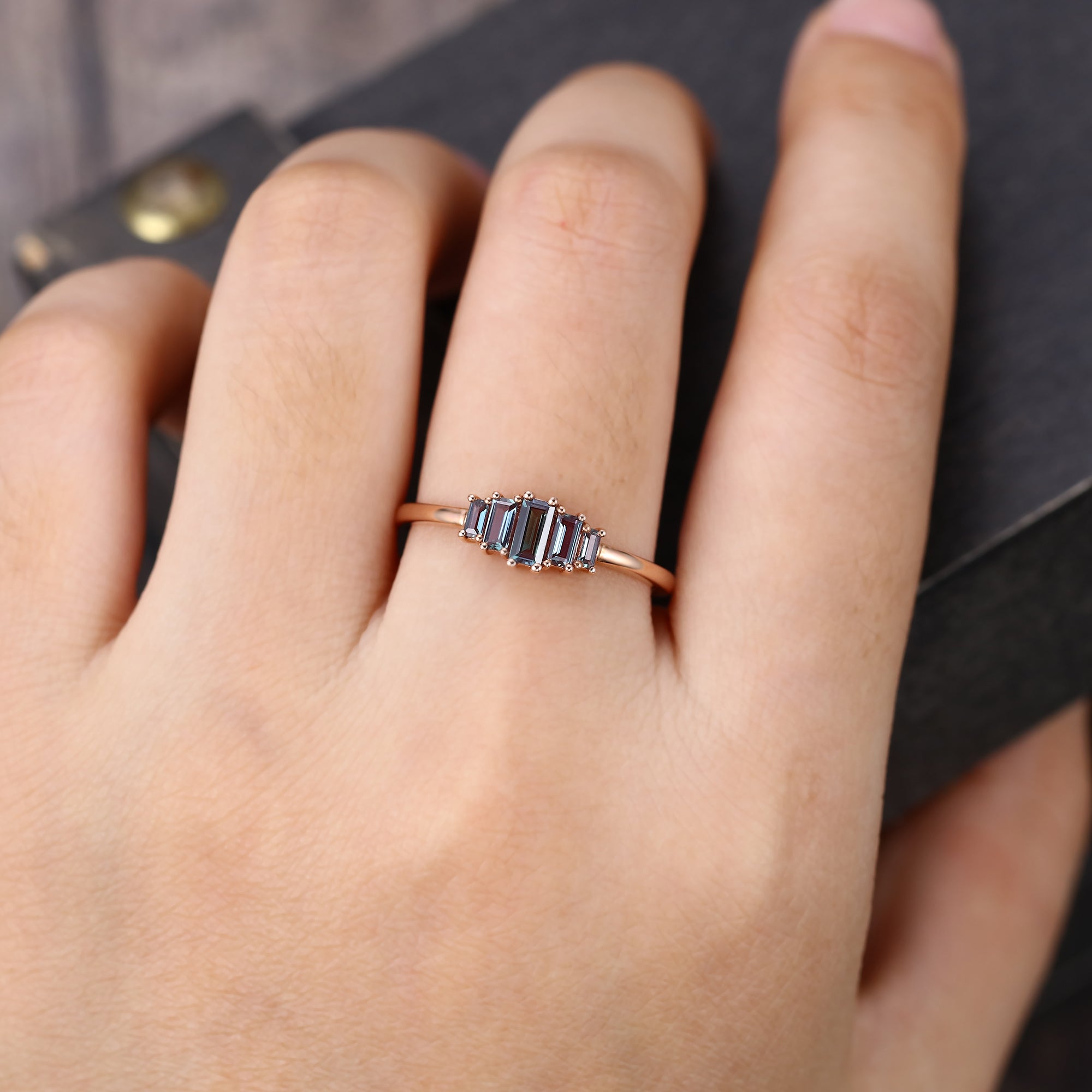 Rose Gold Baguette Cut Alexandrite Wedding Band