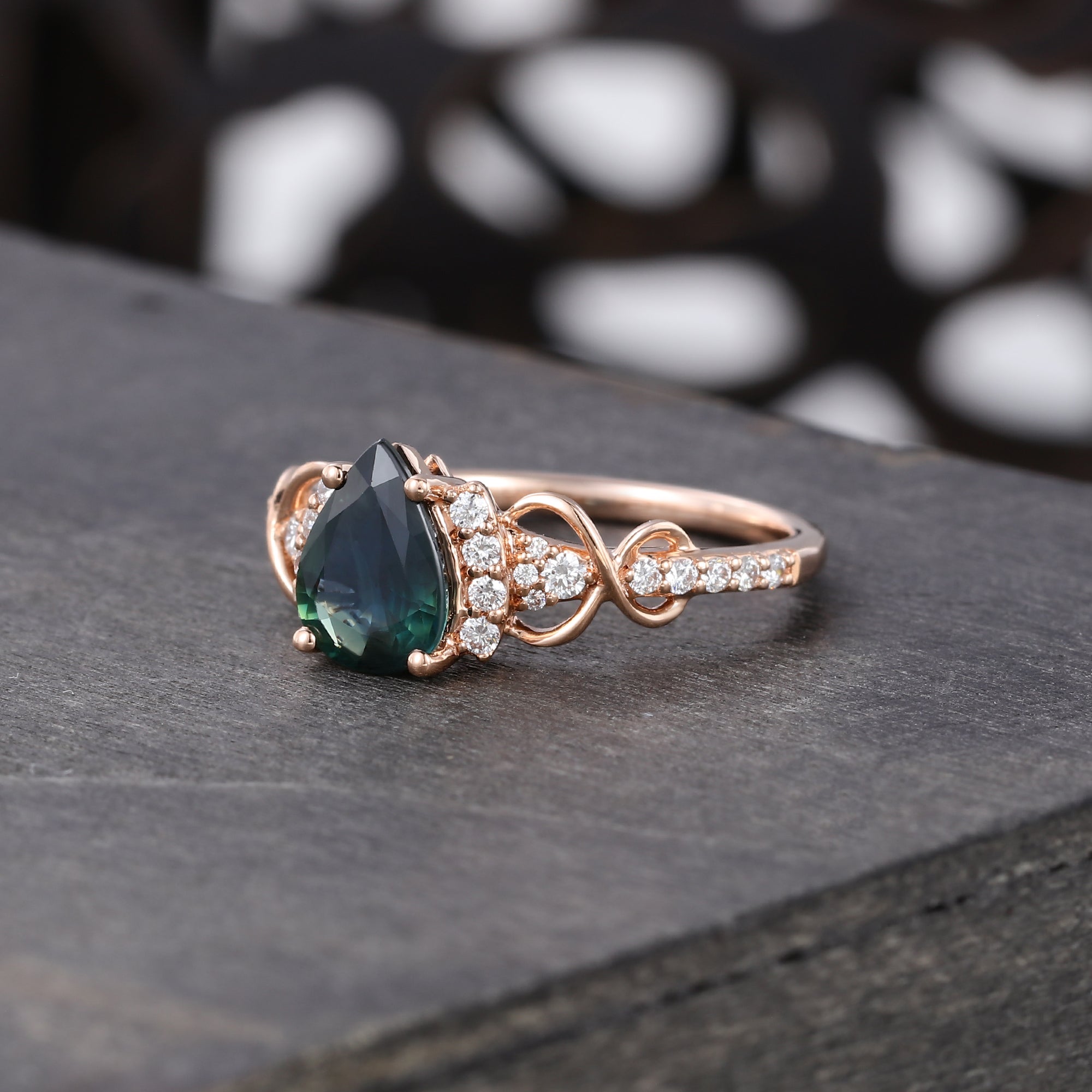 Rose Gold Pear Cut Green Blue Sapphire Engagement Ring Infinite Promise Ring