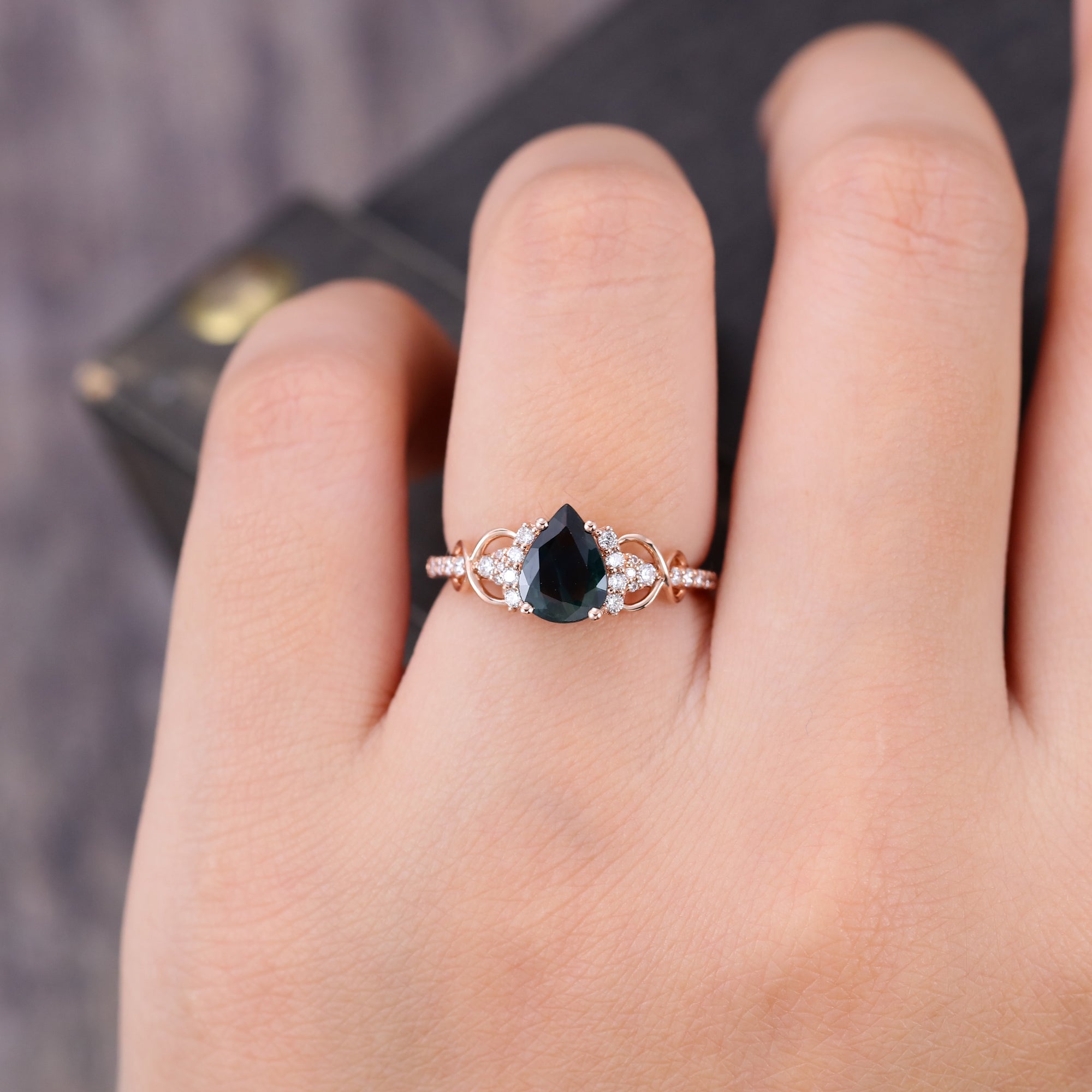Rose Gold Pear Cut Green Blue Sapphire Engagement Ring Infinite Promise Ring