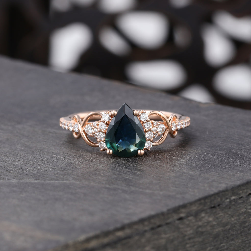 Rose Gold Pear Cut Green Blue Sapphire Engagement Ring Infinite Promise Ring