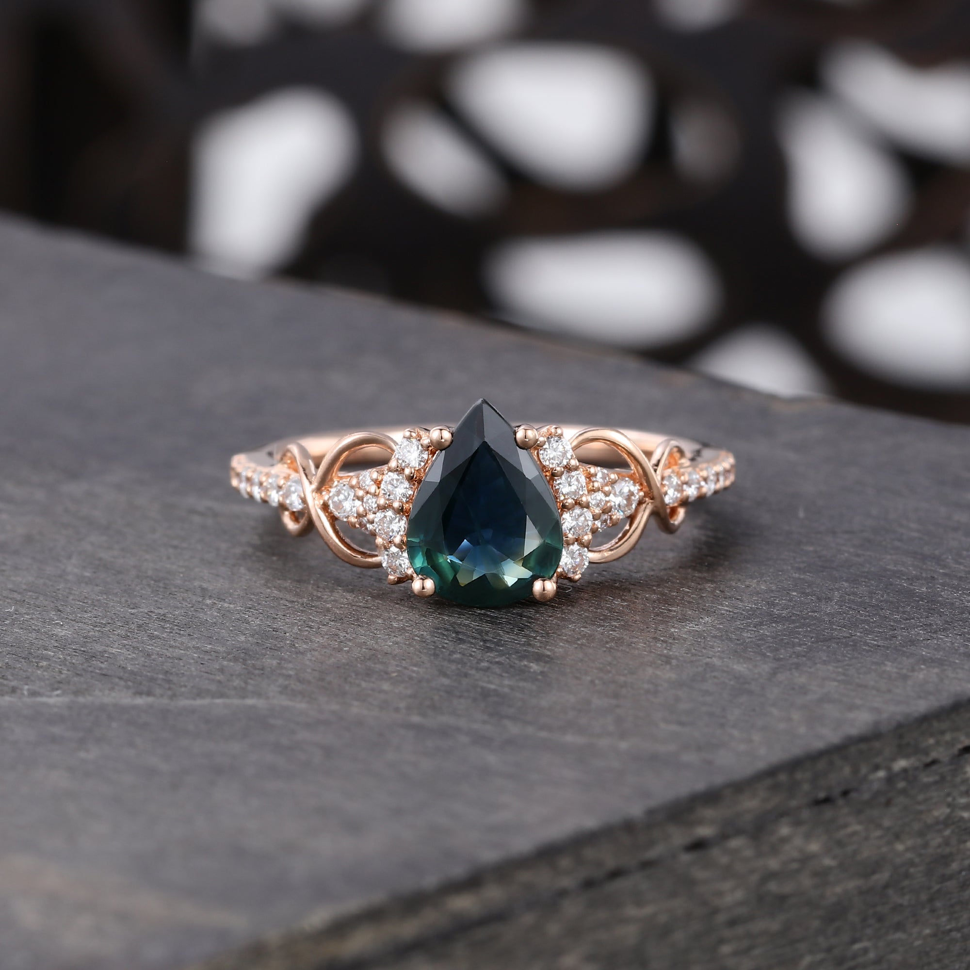 Rose Gold Pear Cut Green Blue Sapphire Engagement Ring Infinite Promise Ring