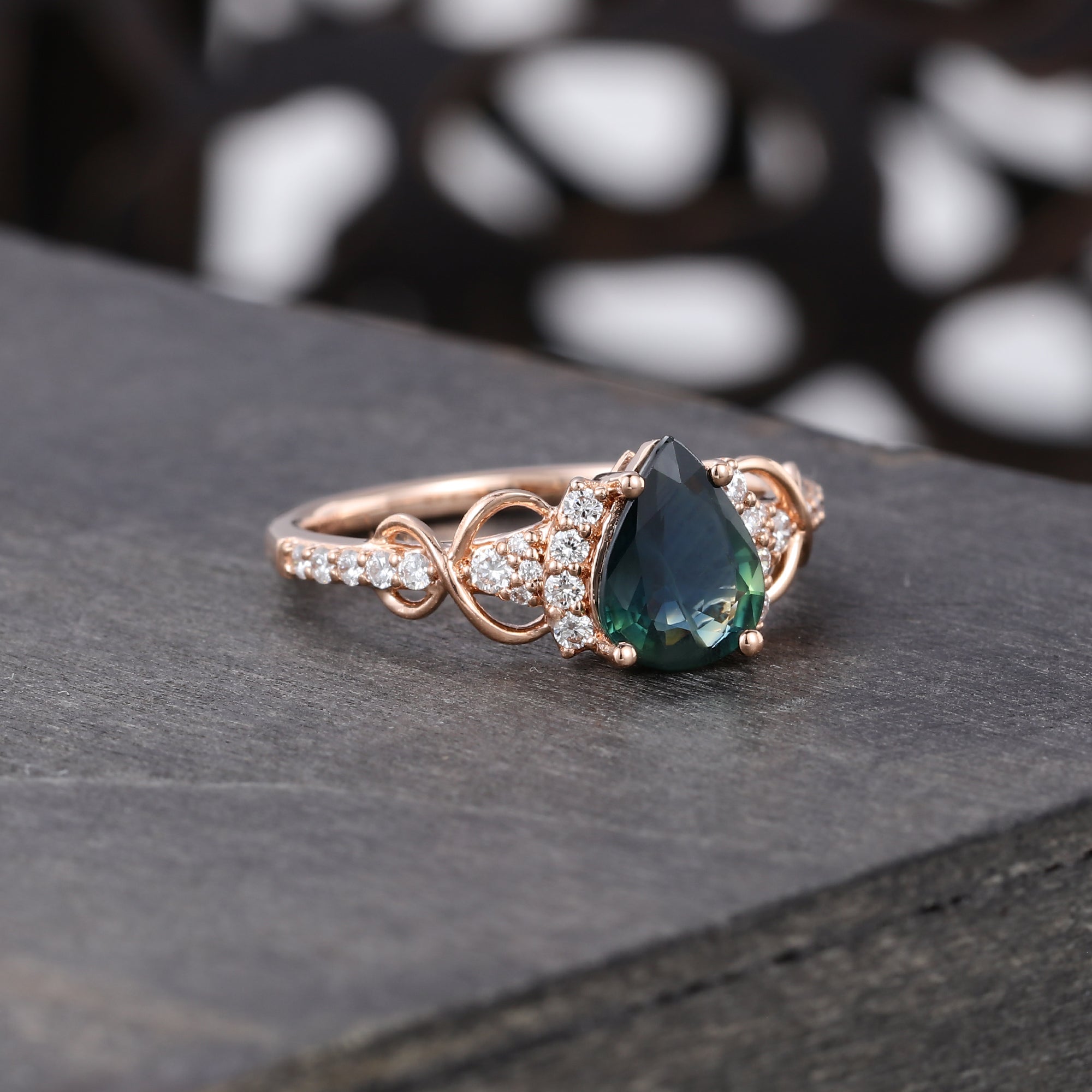 Rose Gold Pear Cut Green Blue Sapphire Engagement Ring Infinite Promise Ring