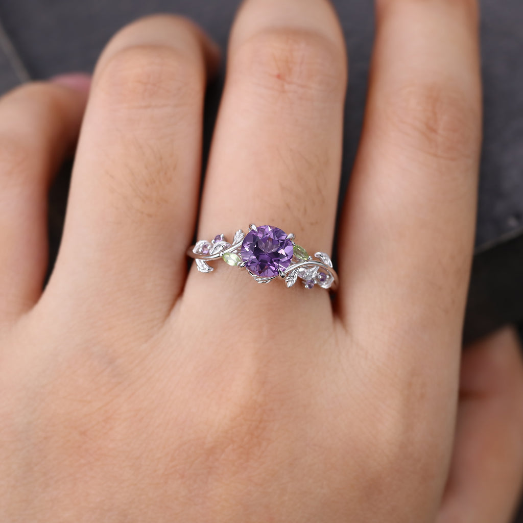 Round Cut Amethyst Engagement Ring Nature Inspired Promise Ring