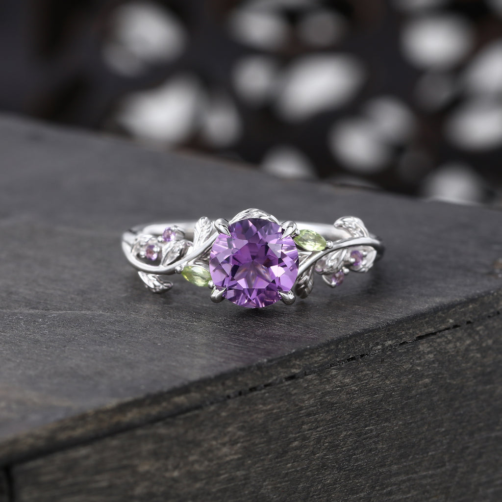 Round Cut Amethyst Engagement Ring Nature Inspired Promise Ring