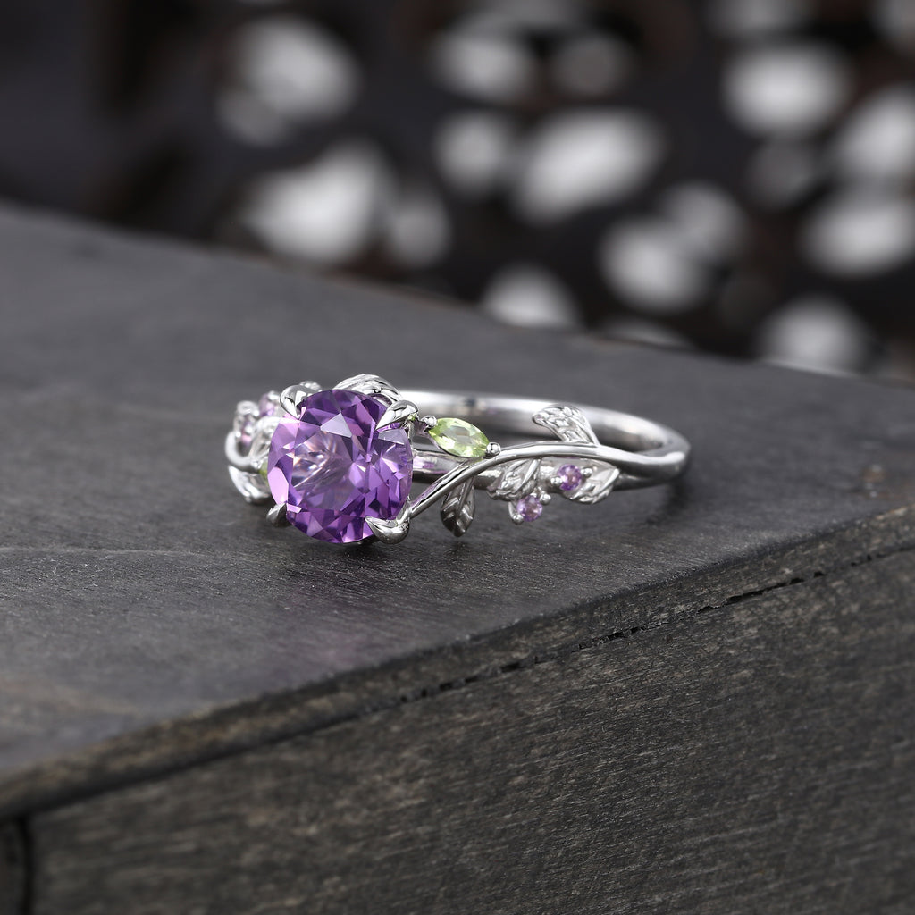 Round Cut Amethyst Engagement Ring Nature Inspired Promise Ring