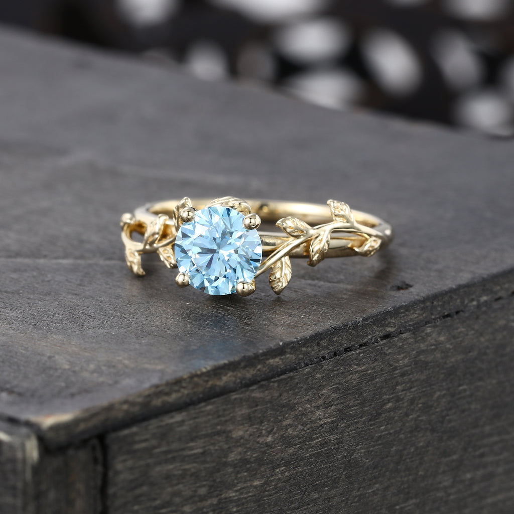 Round Cut Blue Moissanite Engagement Ring Nature Inspired Solitaire Ring