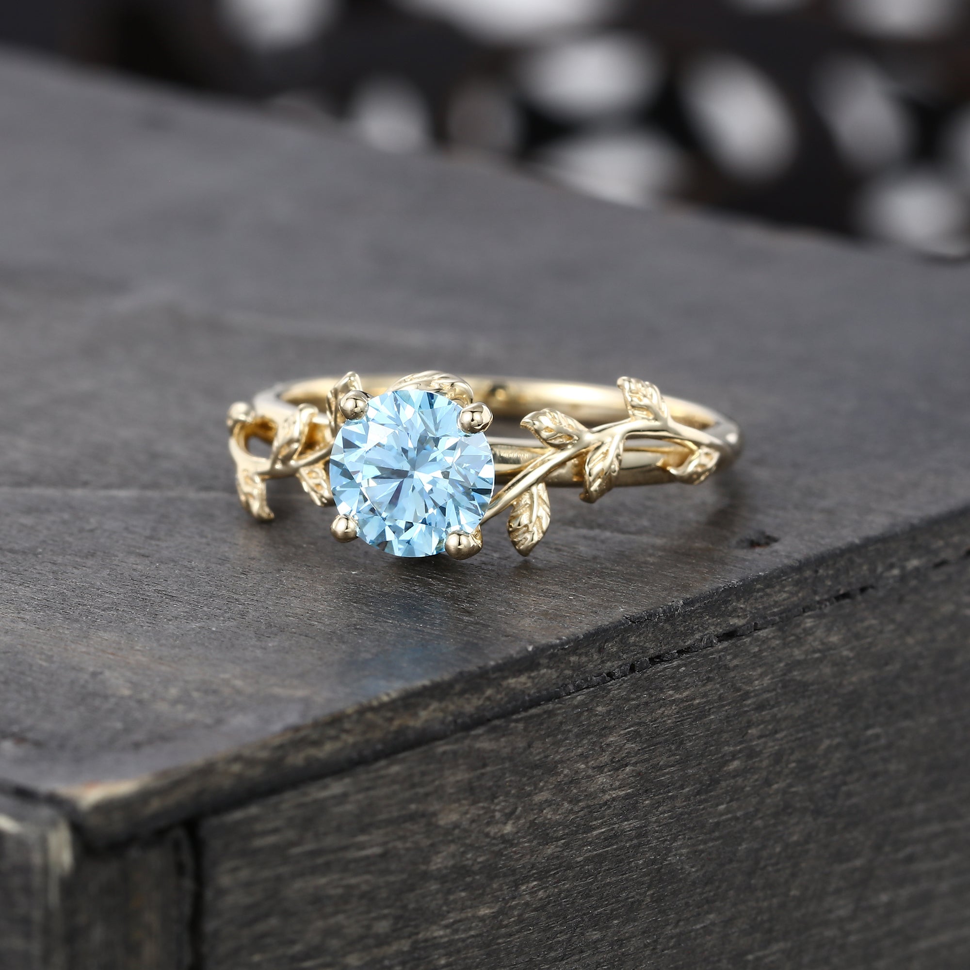 Round Cut Blue Moissanite Engagement Ring Nature Inspired Solitaire Ring