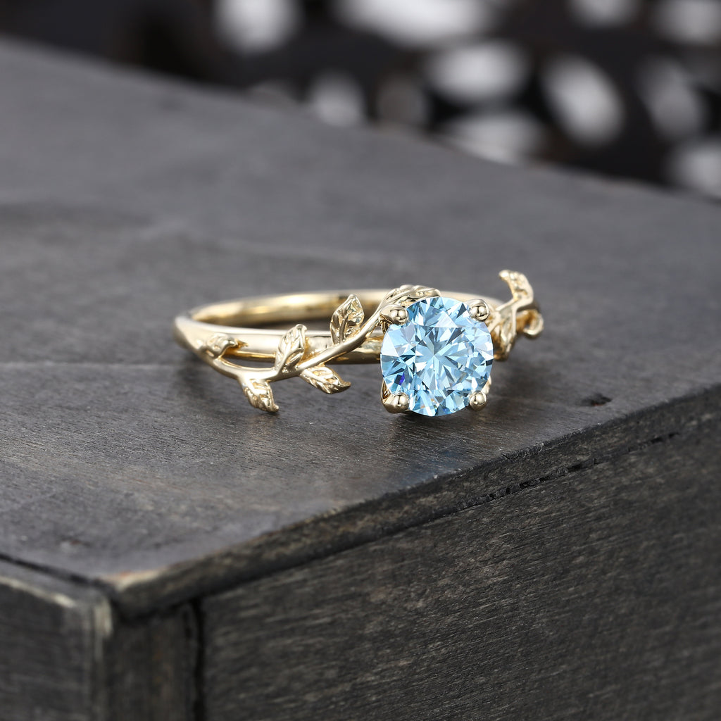 Round Cut Blue Moissanite Engagement Ring Nature Inspired Solitaire Ring