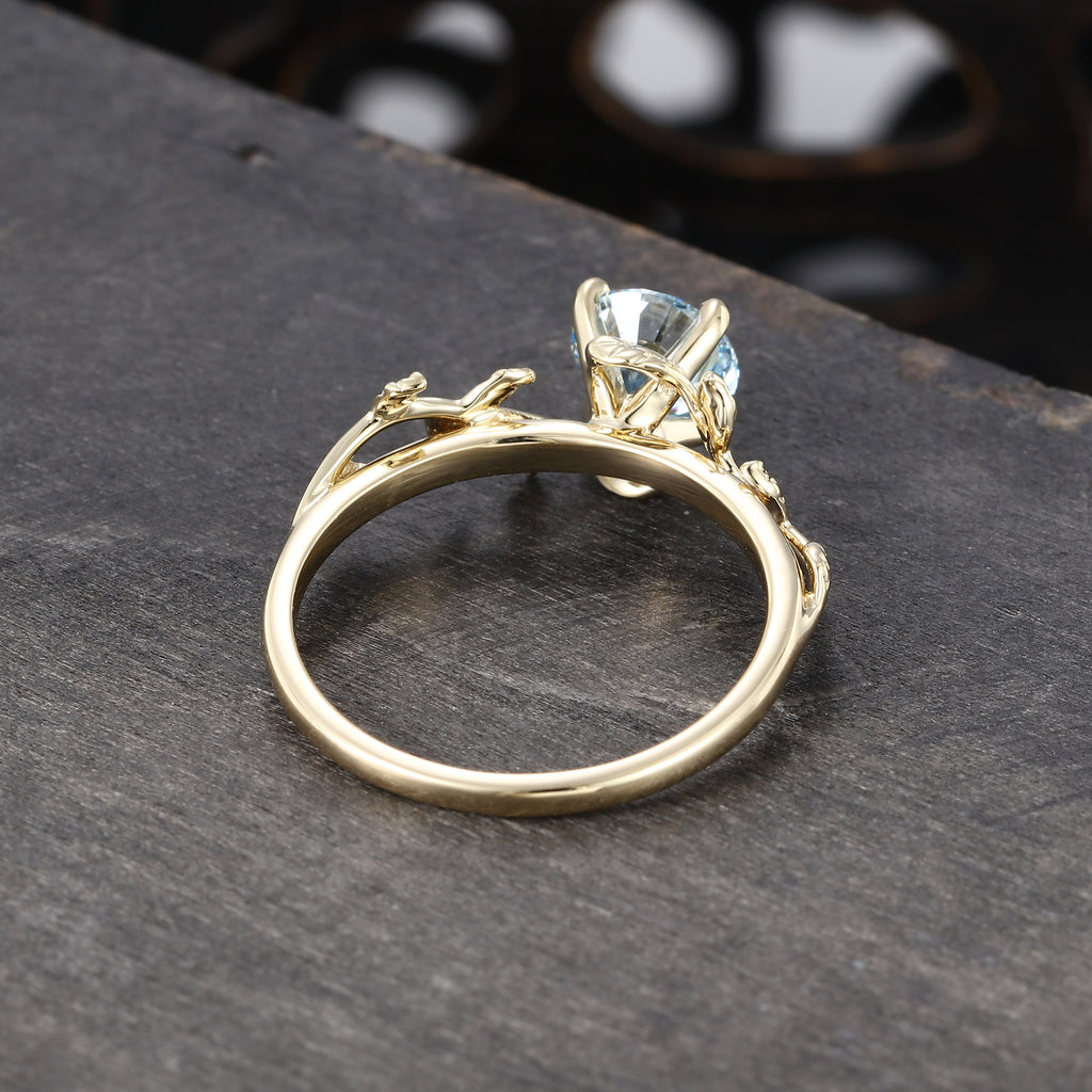 Round Cut Blue Moissanite Engagement Ring Nature Inspired Solitaire Ring