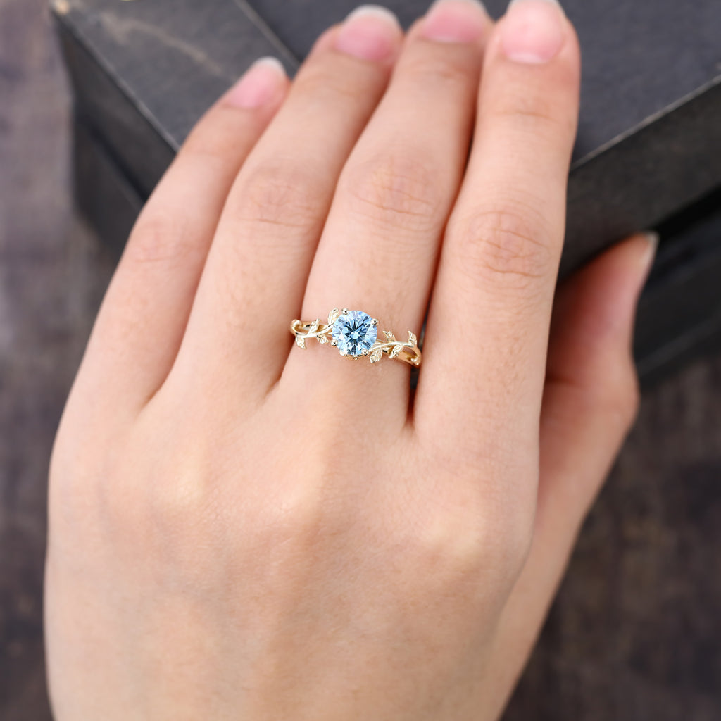 Round Cut Blue Moissanite Engagement Ring Nature Inspired Solitaire Ring