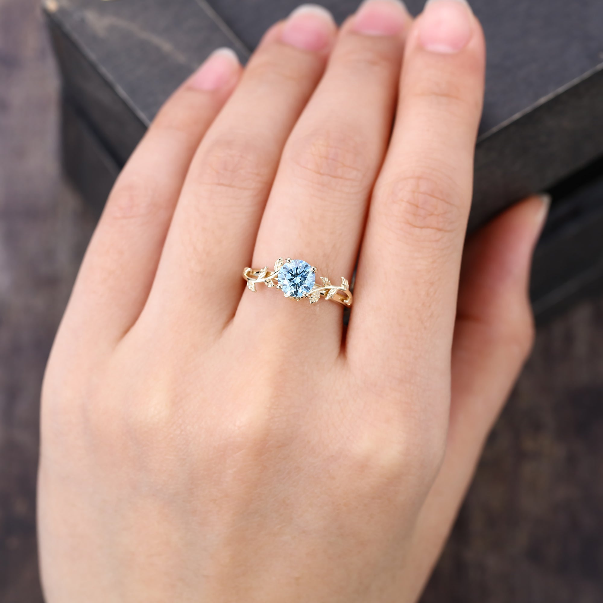 Round Cut Blue Moissanite Engagement Ring Nature Inspired Solitaire Ring