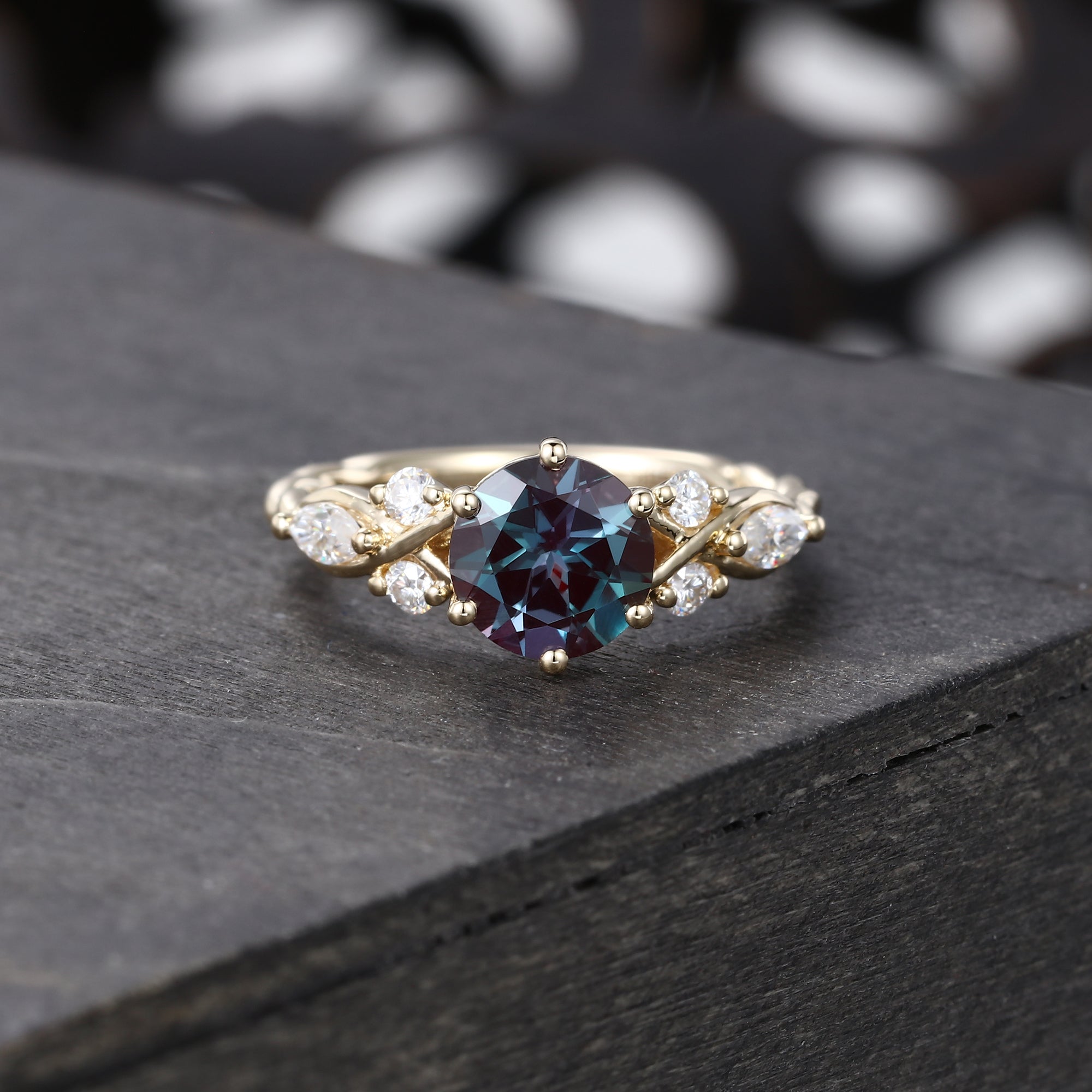 Round Cut Lab Alexandrite with Moissanite Side Stones Engagement Ring