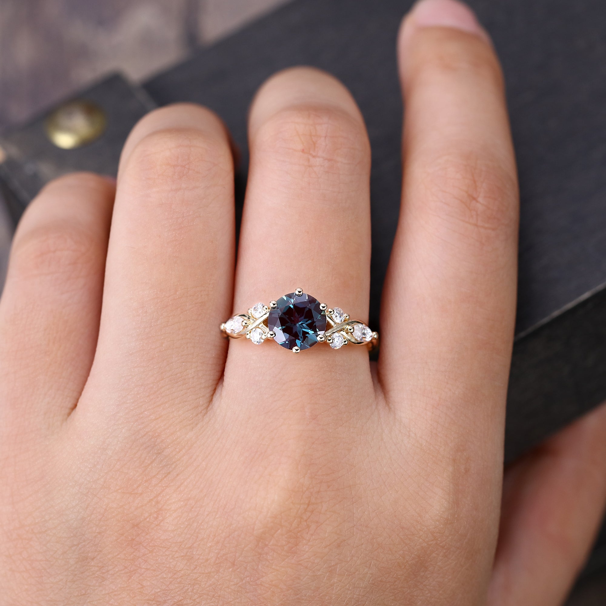 Round Cut Lab Alexandrite with Moissanite Side Stones Engagement Ring