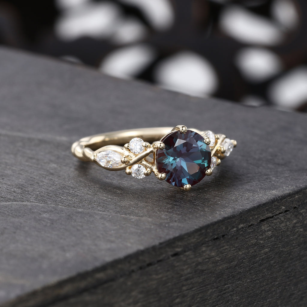 Round Cut Lab Alexandrite with Moissanite Side Stones Engagement Ring