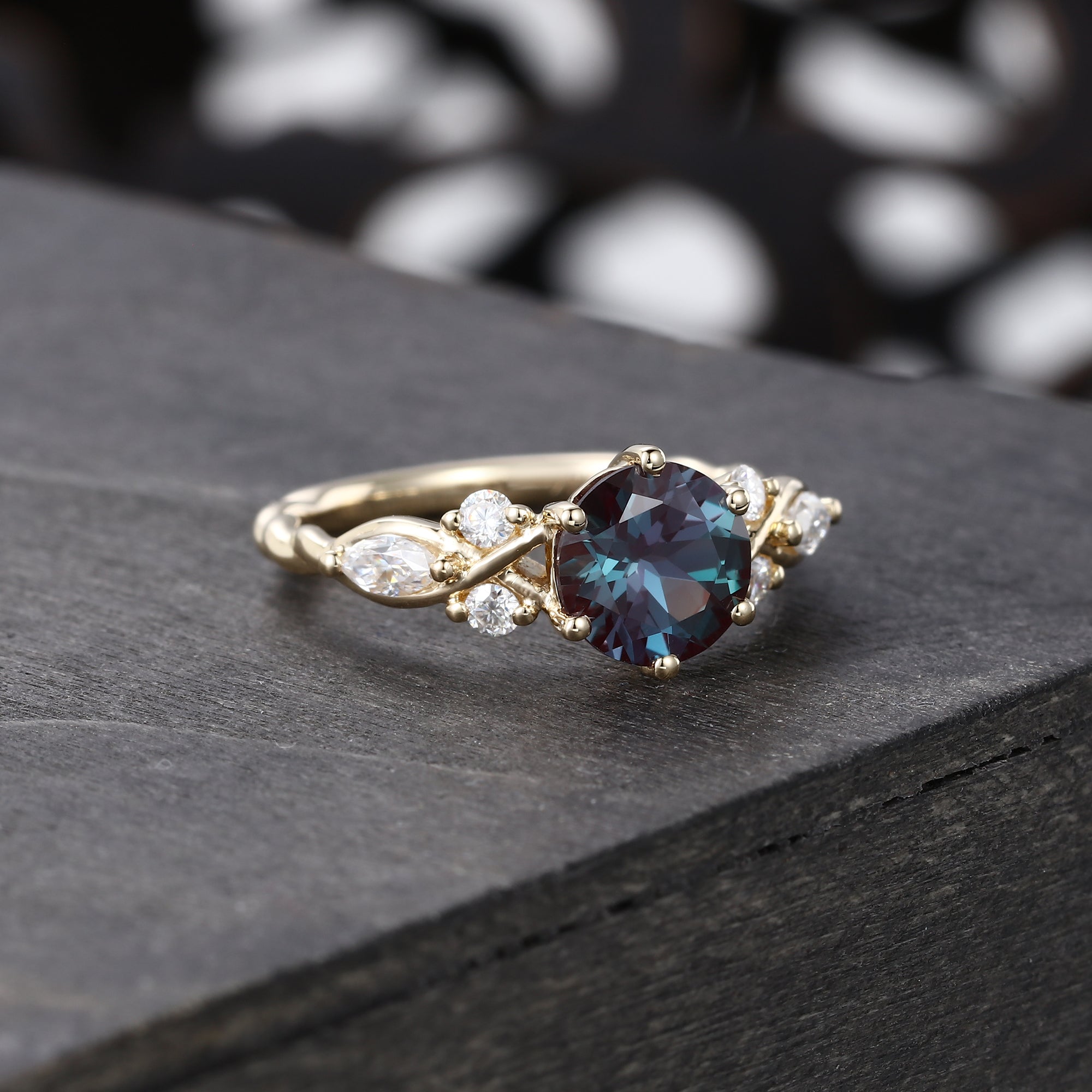 Round Cut Lab Alexandrite with Moissanite Side Stones Engagement Ring