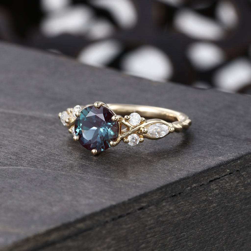 Round Cut Lab Alexandrite with Moissanite Side Stones Engagement Ring