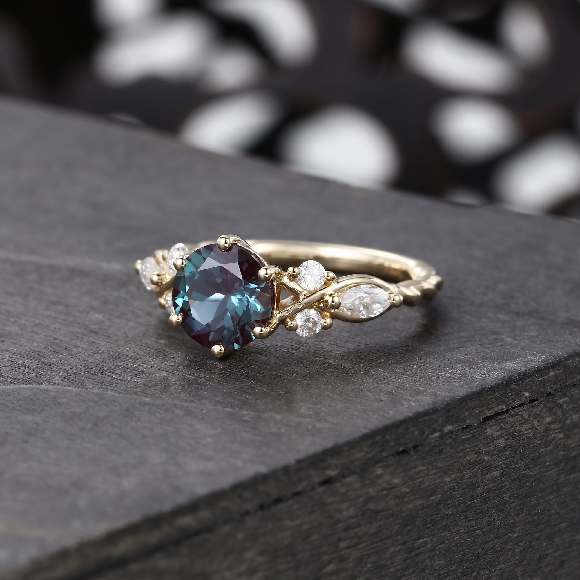 Round Cut Lab Alexandrite with Moissanite Side Stones Engagement Ring