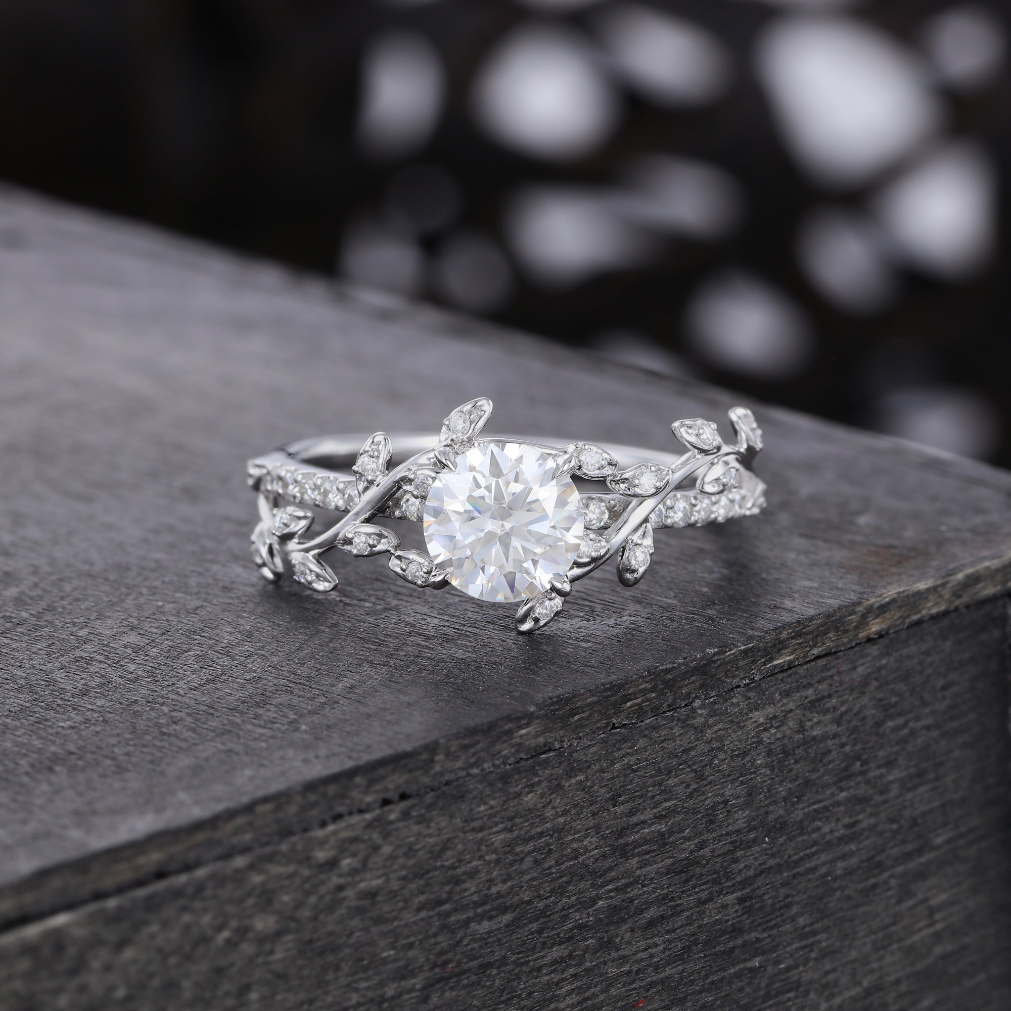 Round Cut Moissanite Engagement Ring Nature Inspired With Leaf Accents