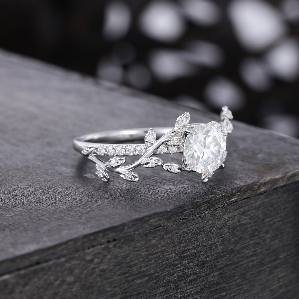 Round Cut Moissanite Engagement Ring Nature Inspired With Leaf Accents