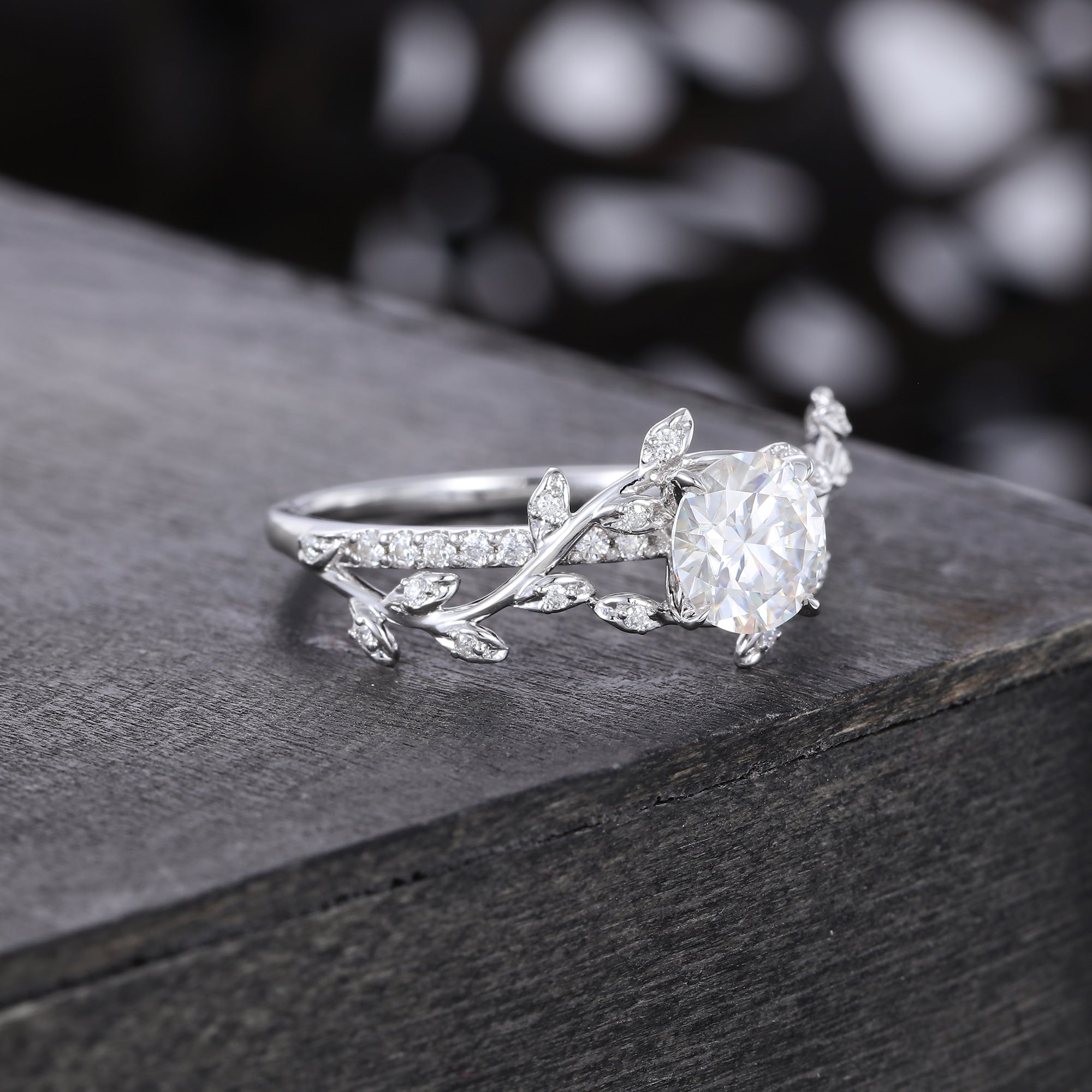 Round Cut Moissanite Engagement Ring Nature Inspired With Leaf Accents