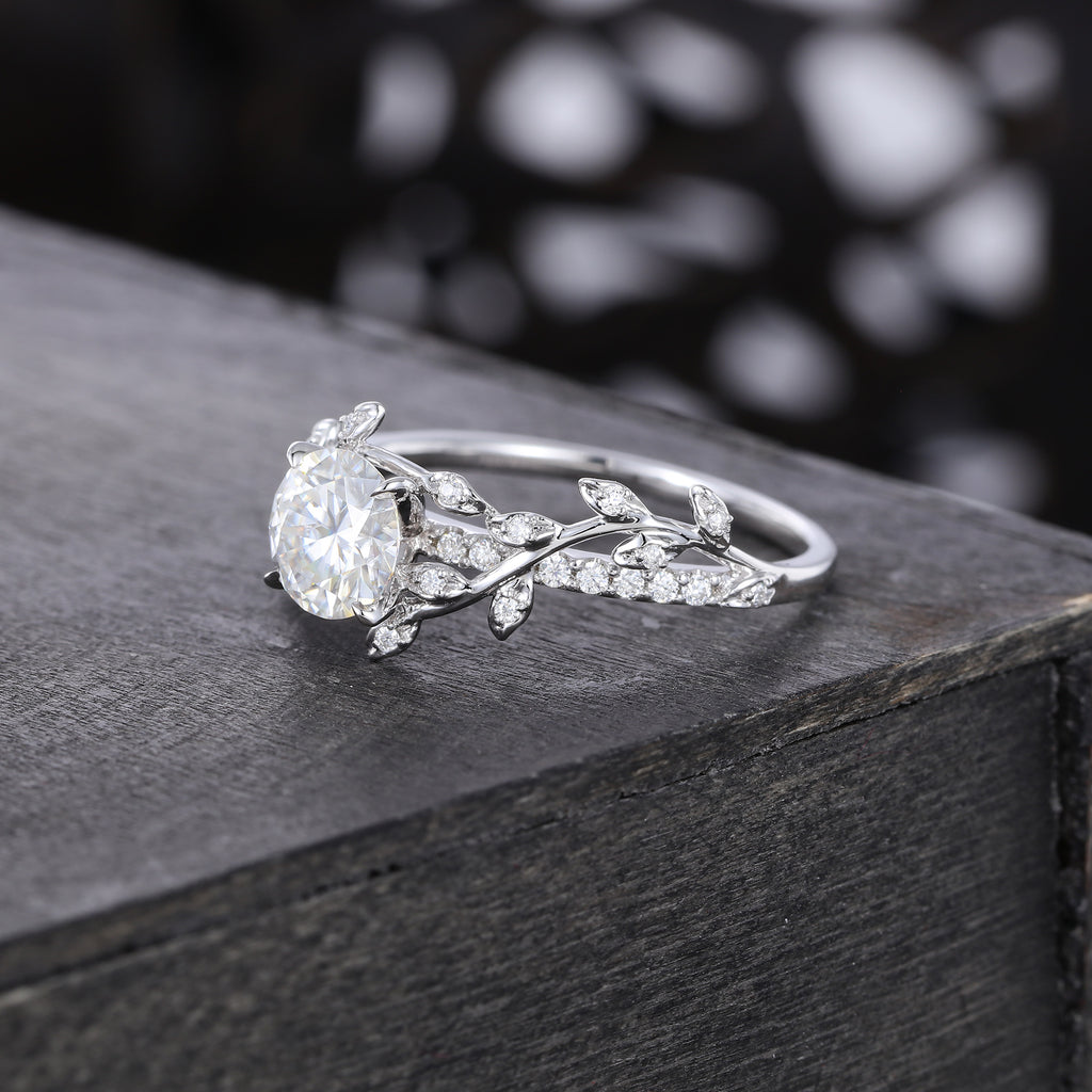 Round Cut Moissanite Engagement Ring Nature Inspired With Leaf Accents