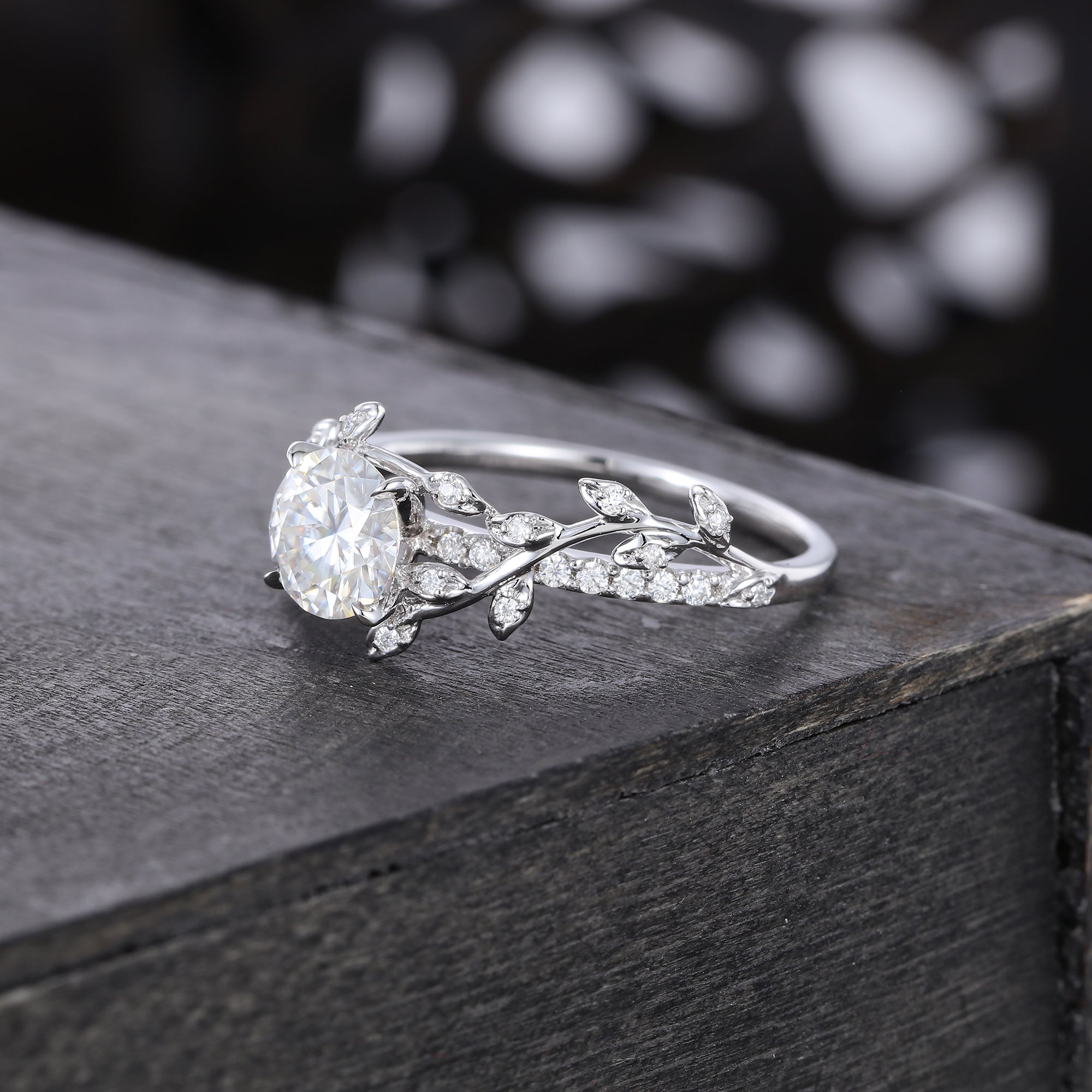 Round Cut Moissanite Engagement Ring Nature Inspired With Leaf Accents