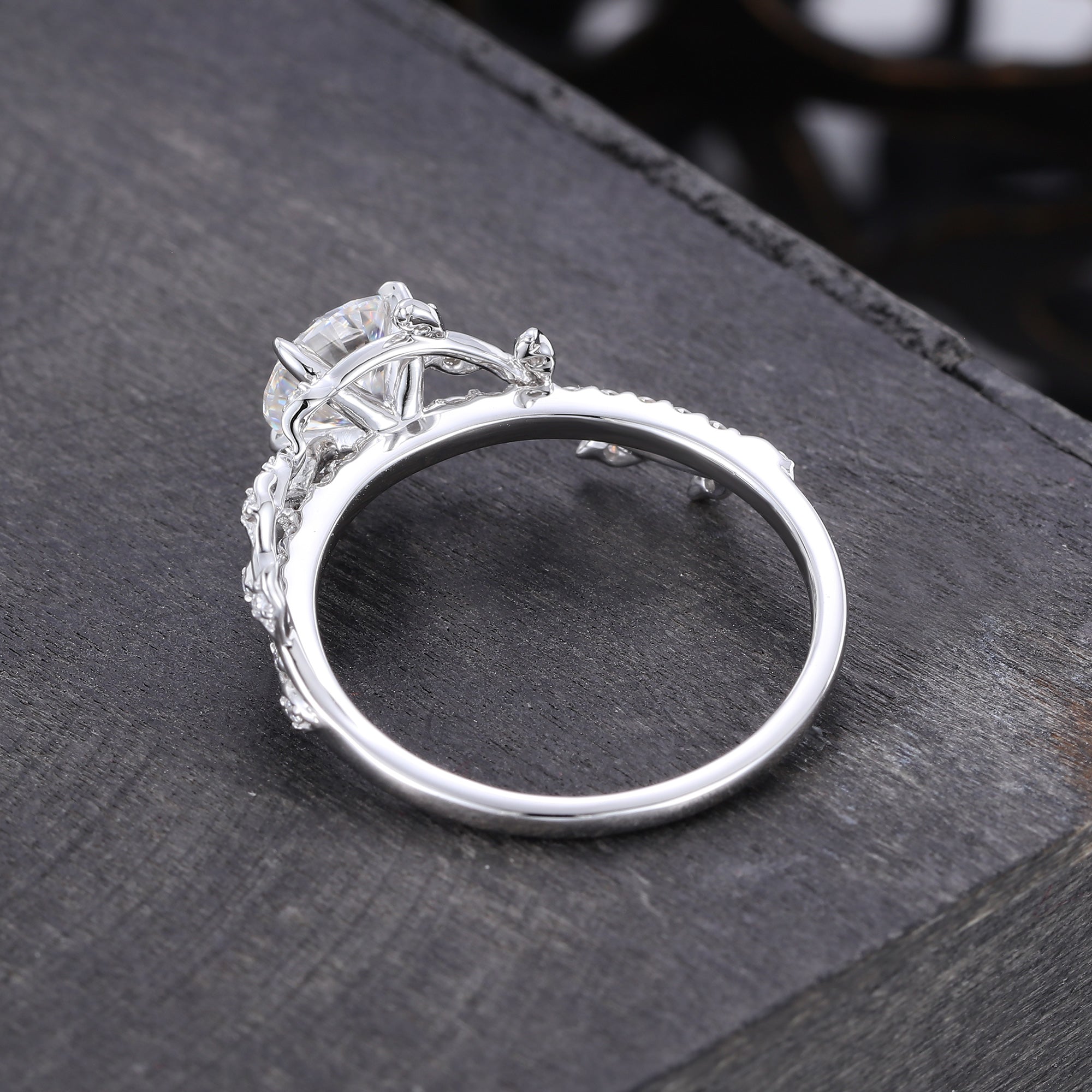Round Cut Moissanite Engagement Ring Nature Inspired With Leaf Accents