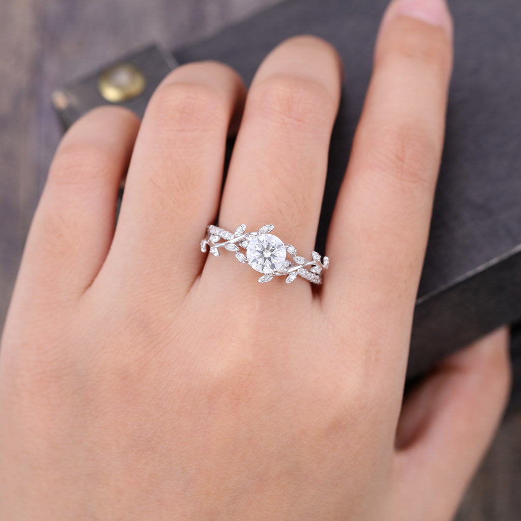 Round Cut Moissanite Engagement Ring Nature Inspired With Leaf Accents