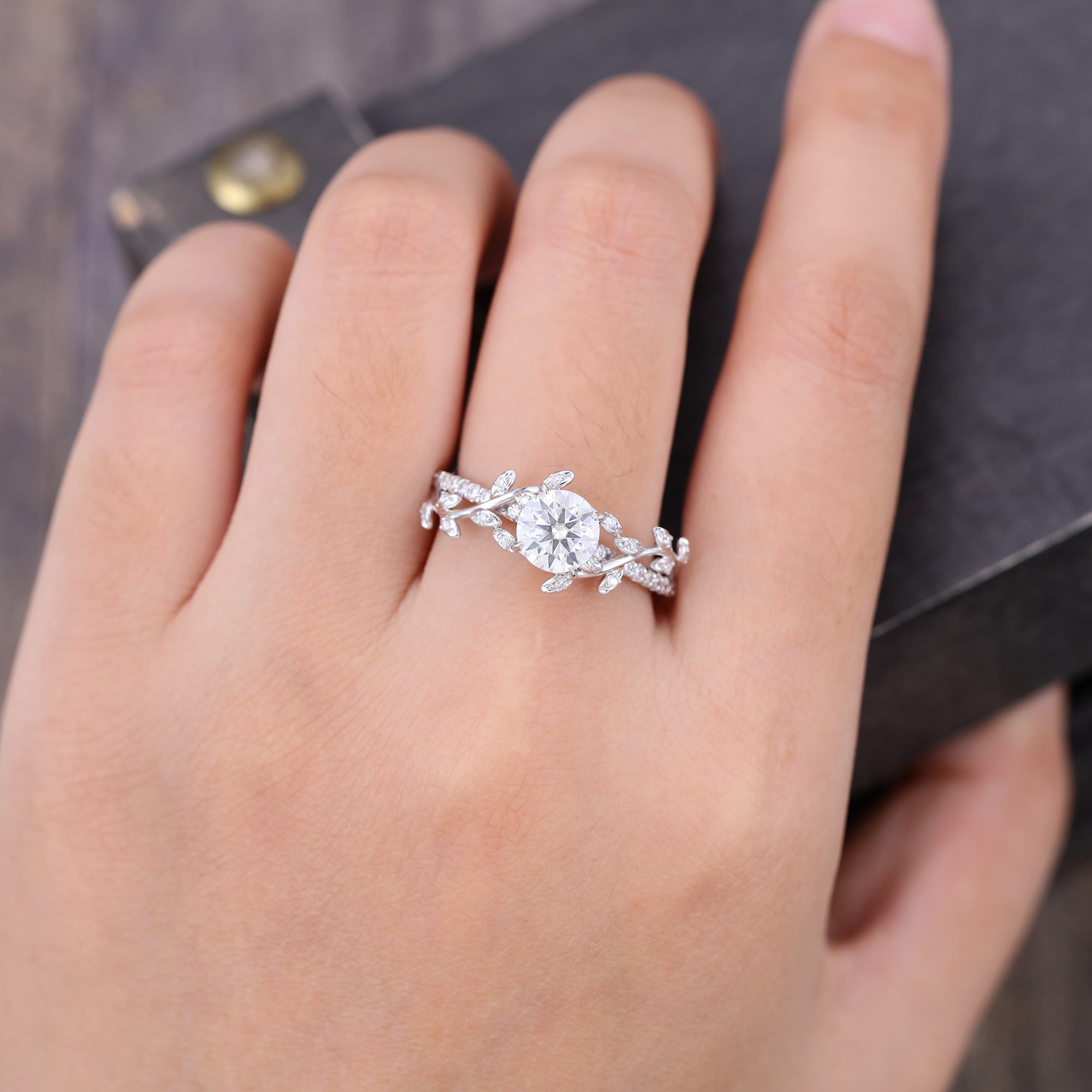 Round Cut Moissanite Engagement Ring Nature Inspired With Leaf Accents