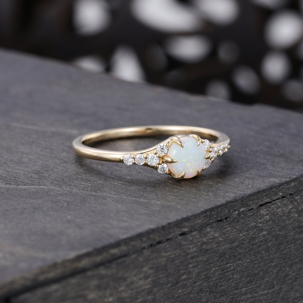 Round Natural Opal Engagement Ring with Unique Moissanite and Sharp Prong Setting Design