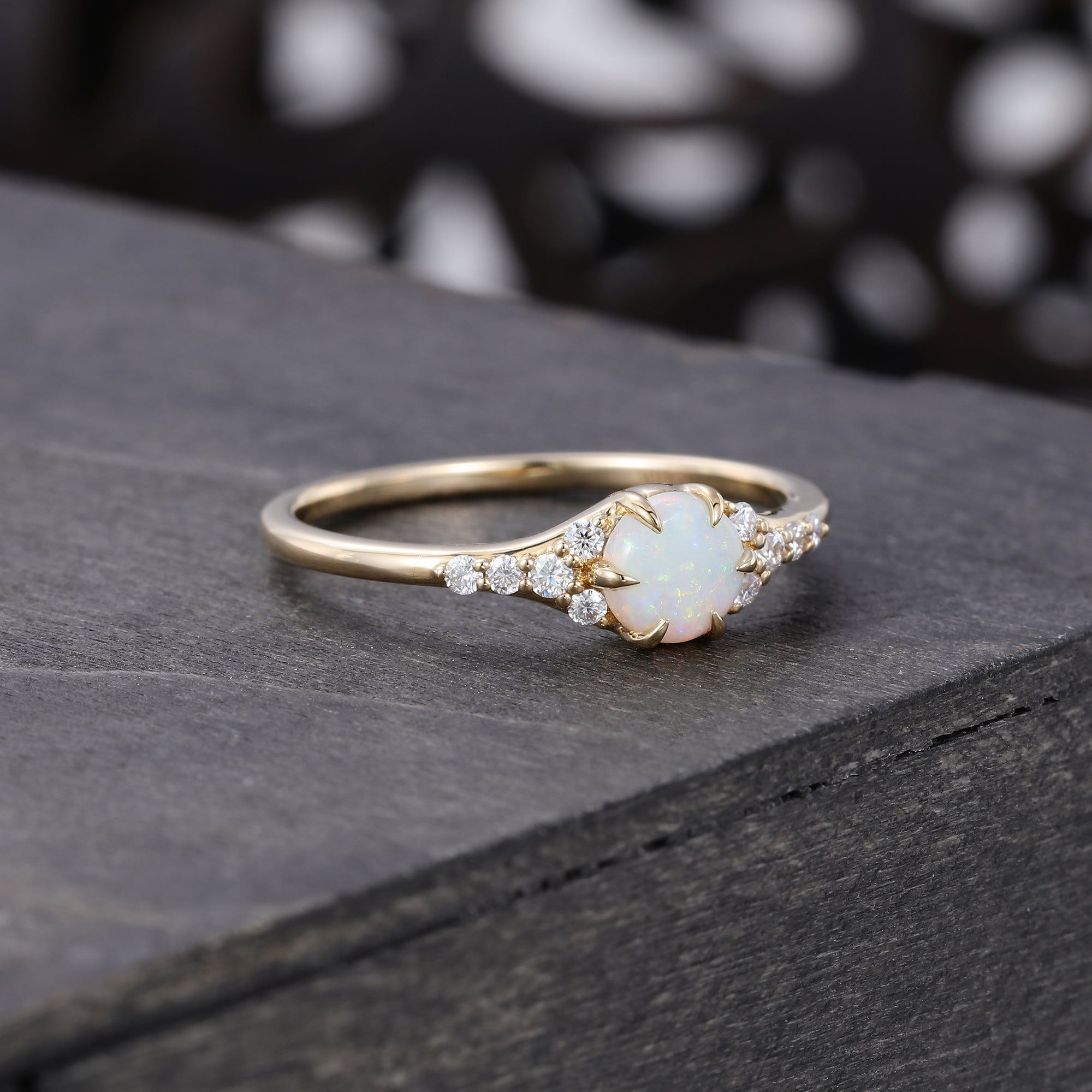 Round Natural Opal Engagement Ring with Unique Moissanite and Sharp Prong Setting Design