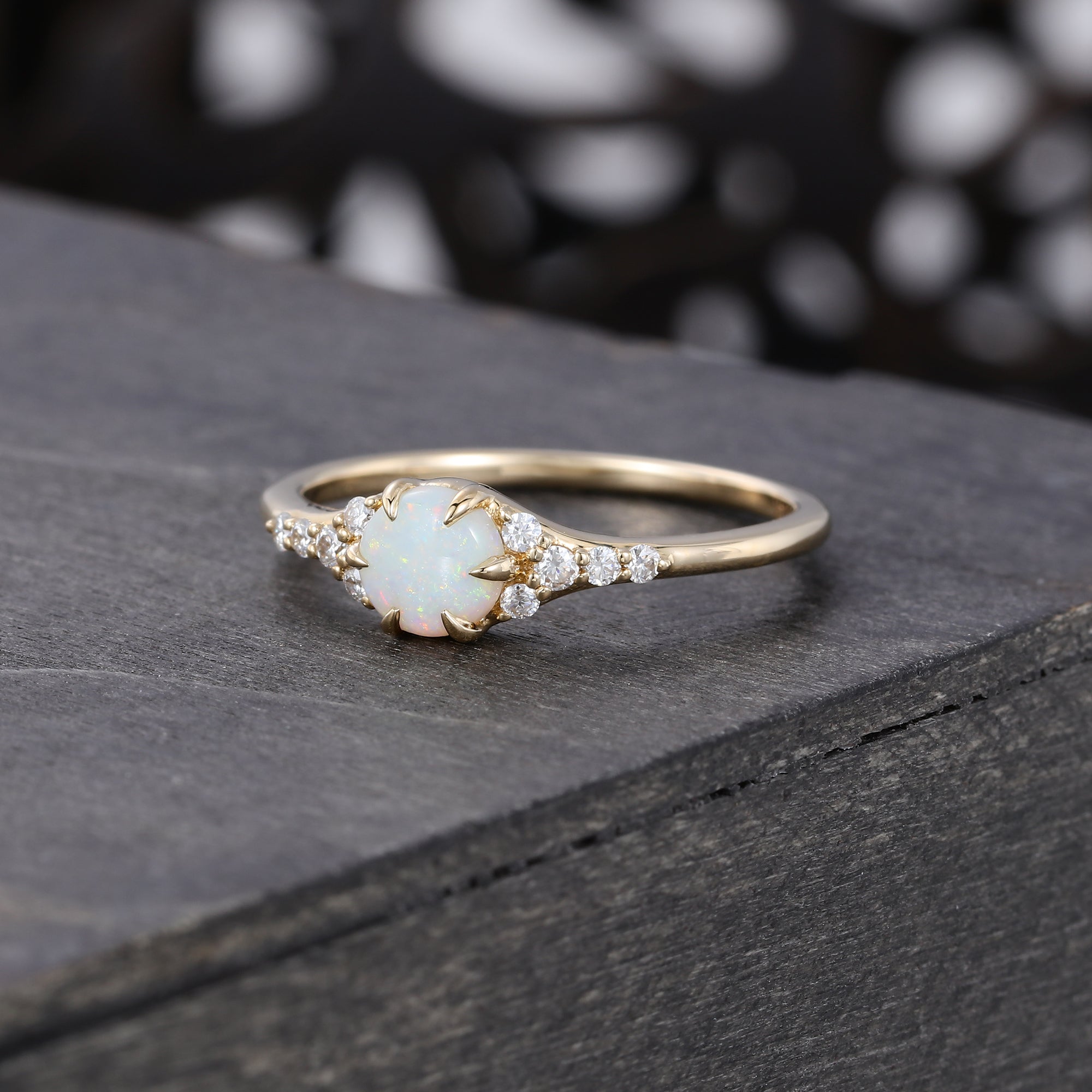 Round Natural Opal Engagement Ring with Unique Moissanite and Sharp Prong Setting Design