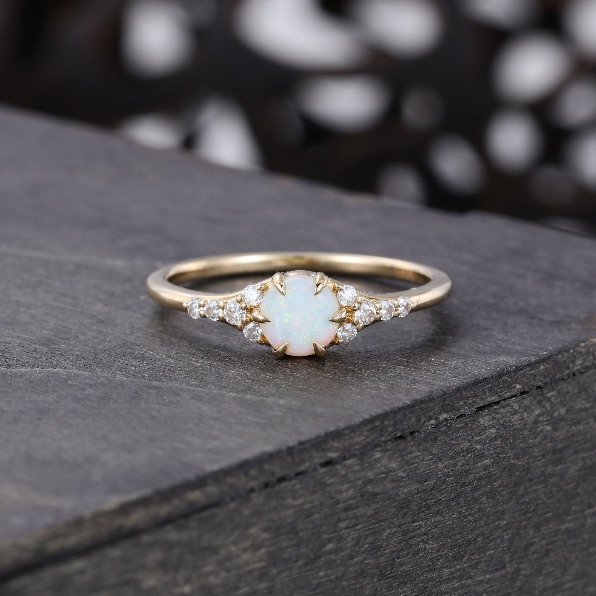 Round Natural Opal Engagement Ring with Unique Moissanite and Sharp Prong Setting Design