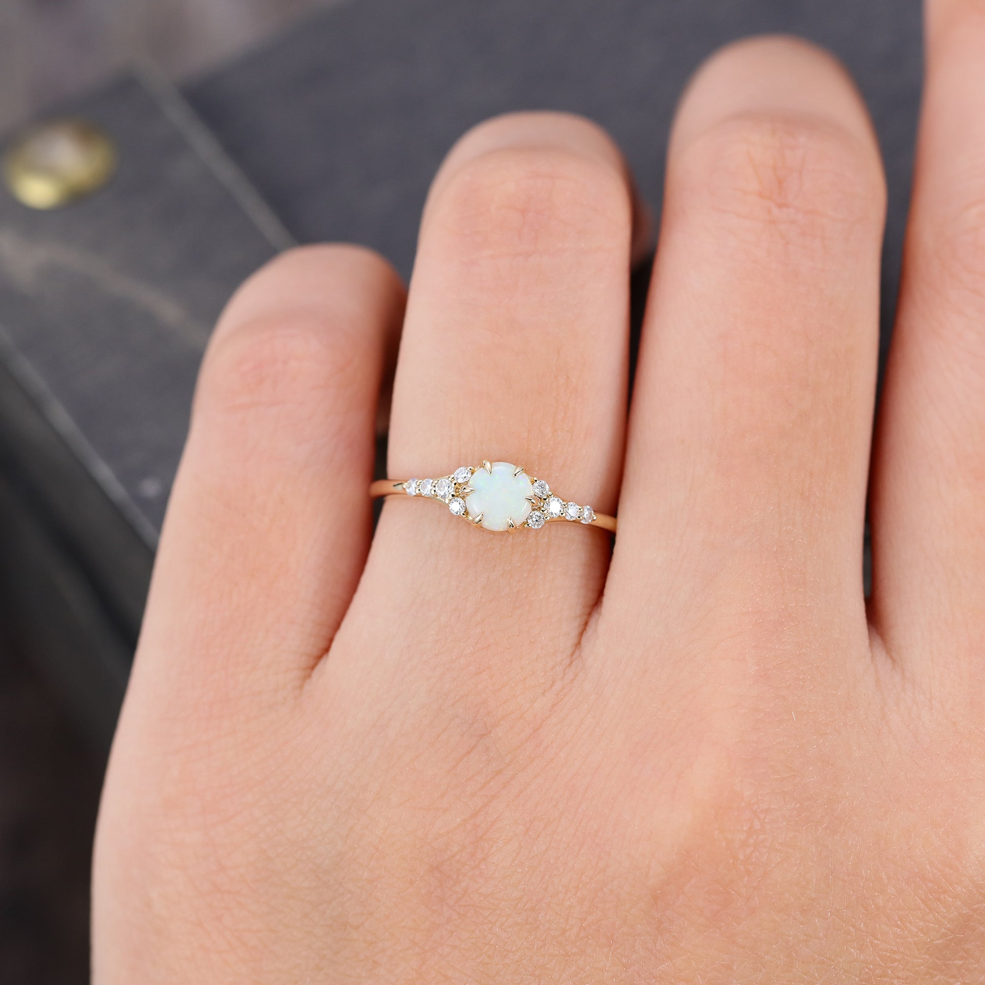 Round Natural Opal Engagement Ring with Unique Moissanite and Sharp Prong Setting Design