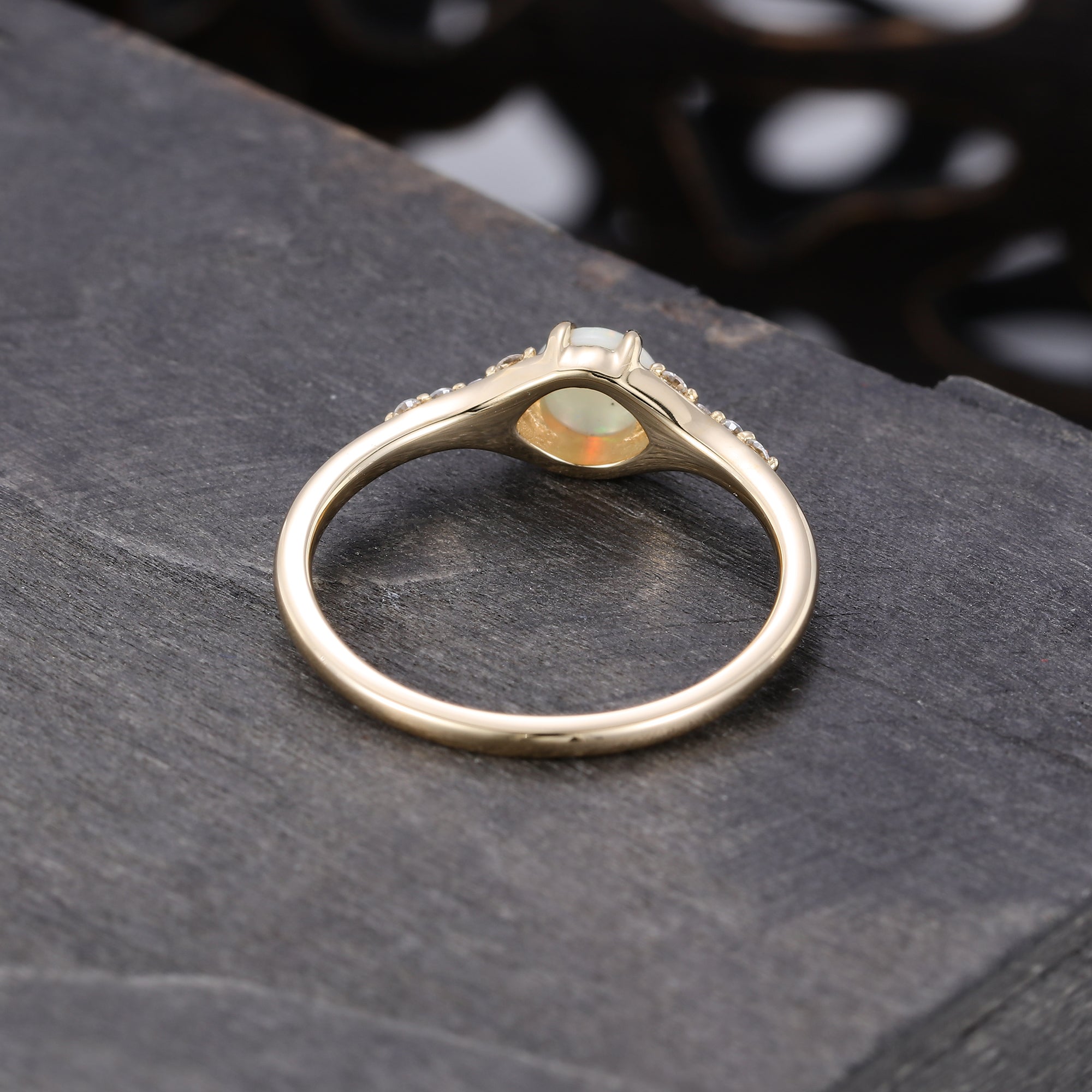 Round Natural Opal Engagement Ring with Unique Moissanite and Sharp Prong Setting Design