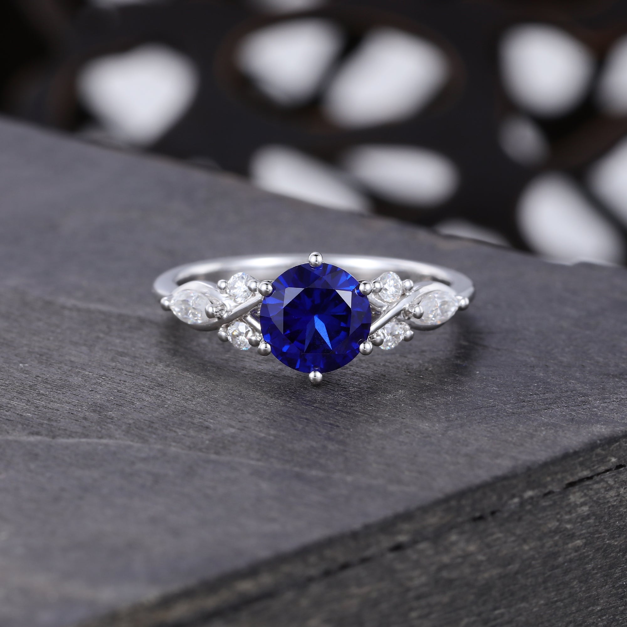 Round Sapphire Art Deco Engagement Ring Accented with Moissanite