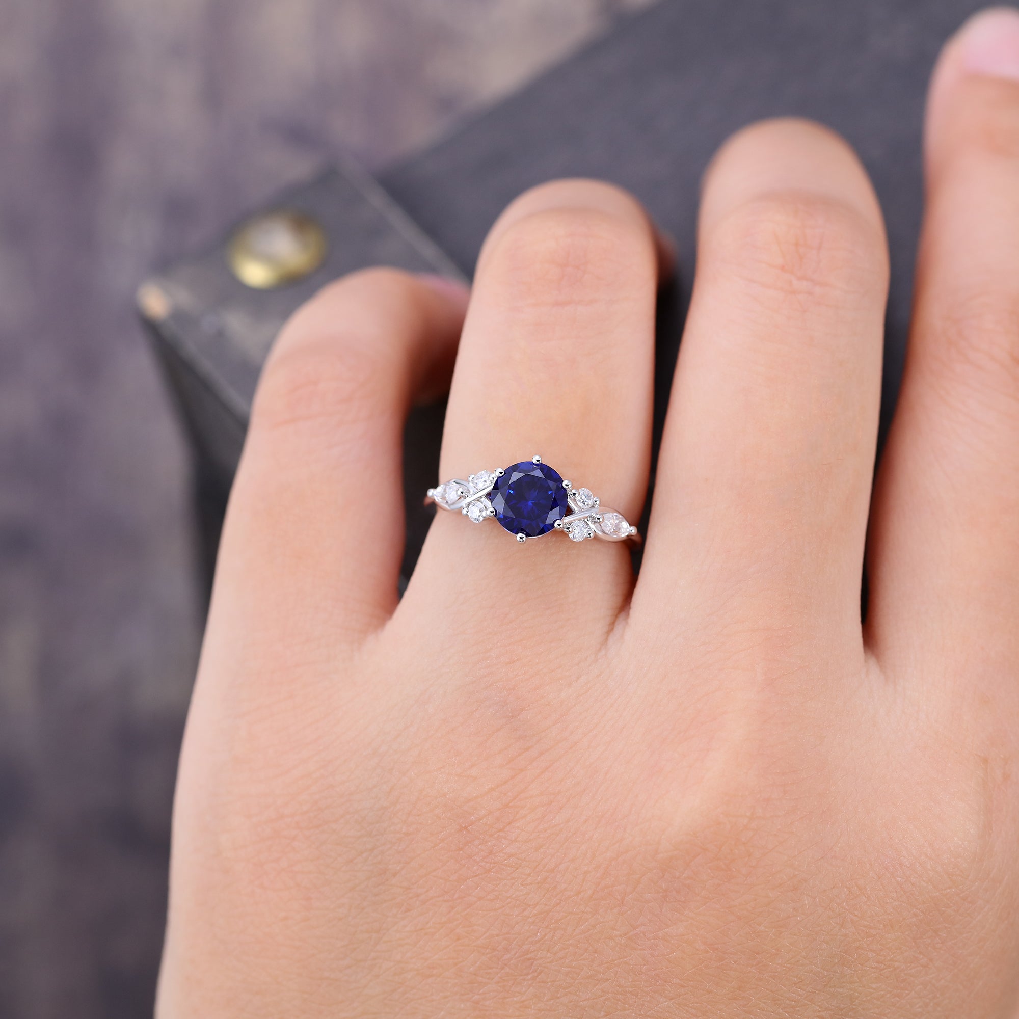 Round Sapphire Art Deco Engagement Ring Accented with Moissanite