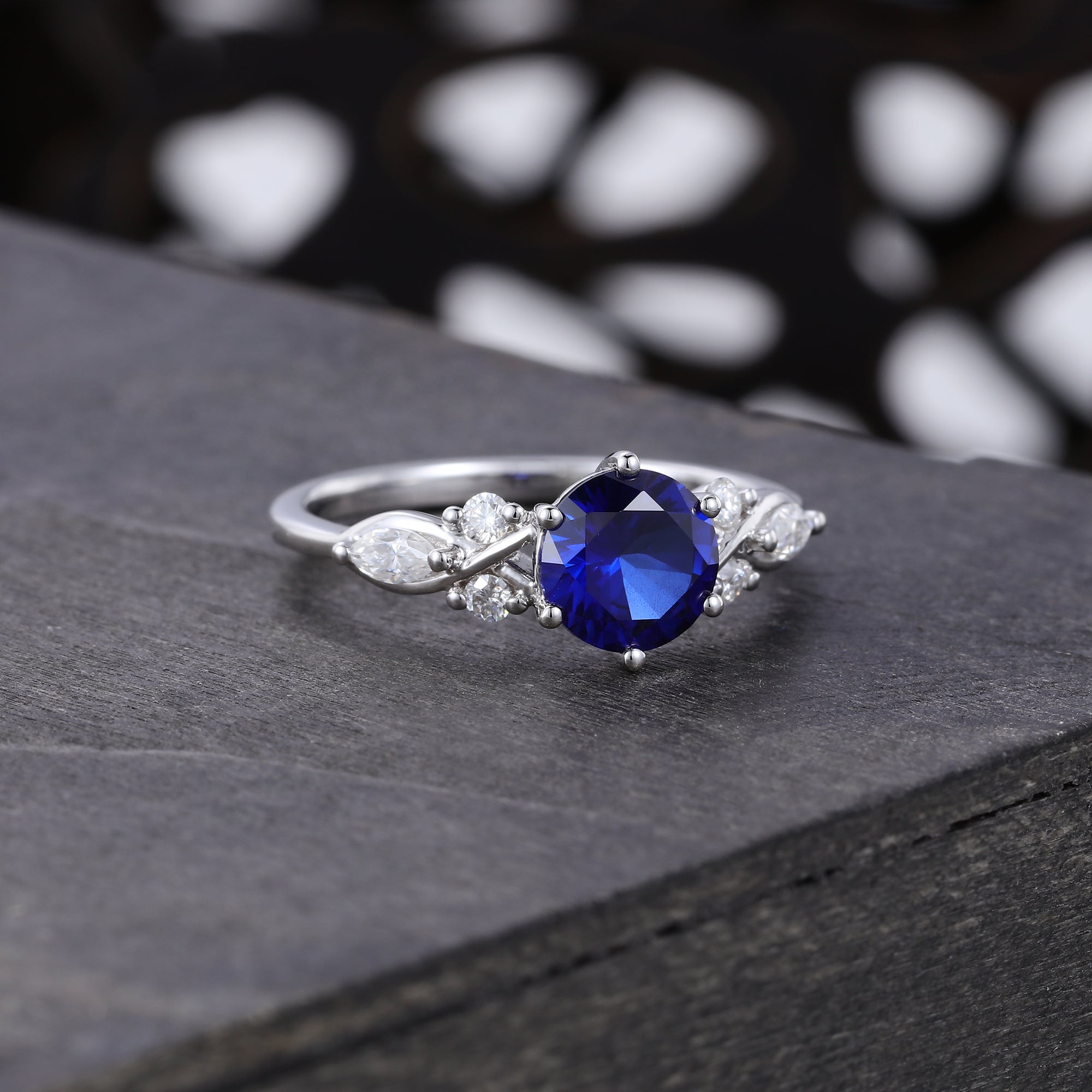 Round Sapphire Art Deco Engagement Ring Accented with Moissanite
