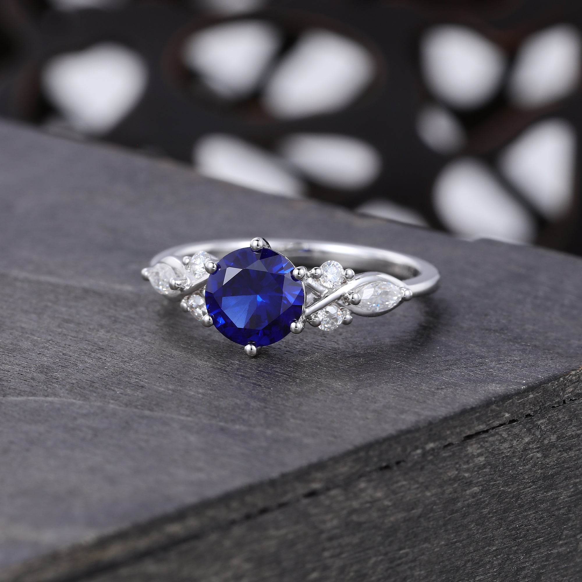 Round Sapphire Art Deco Engagement Ring Accented with Moissanite